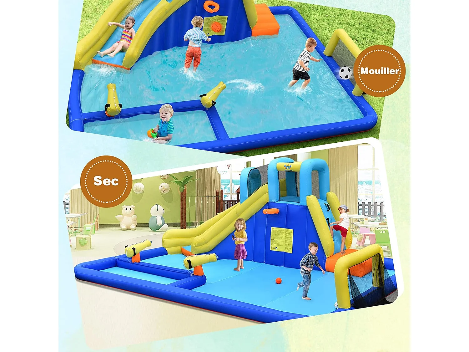 6 en 1 Château Gonflable Aquatique avec Piscine et Toboggan, Maison de Rebond Gonflable avec Panier de Basket, Mur d’Escalade, Pataugeoire pour Enfants de 3 Ans+