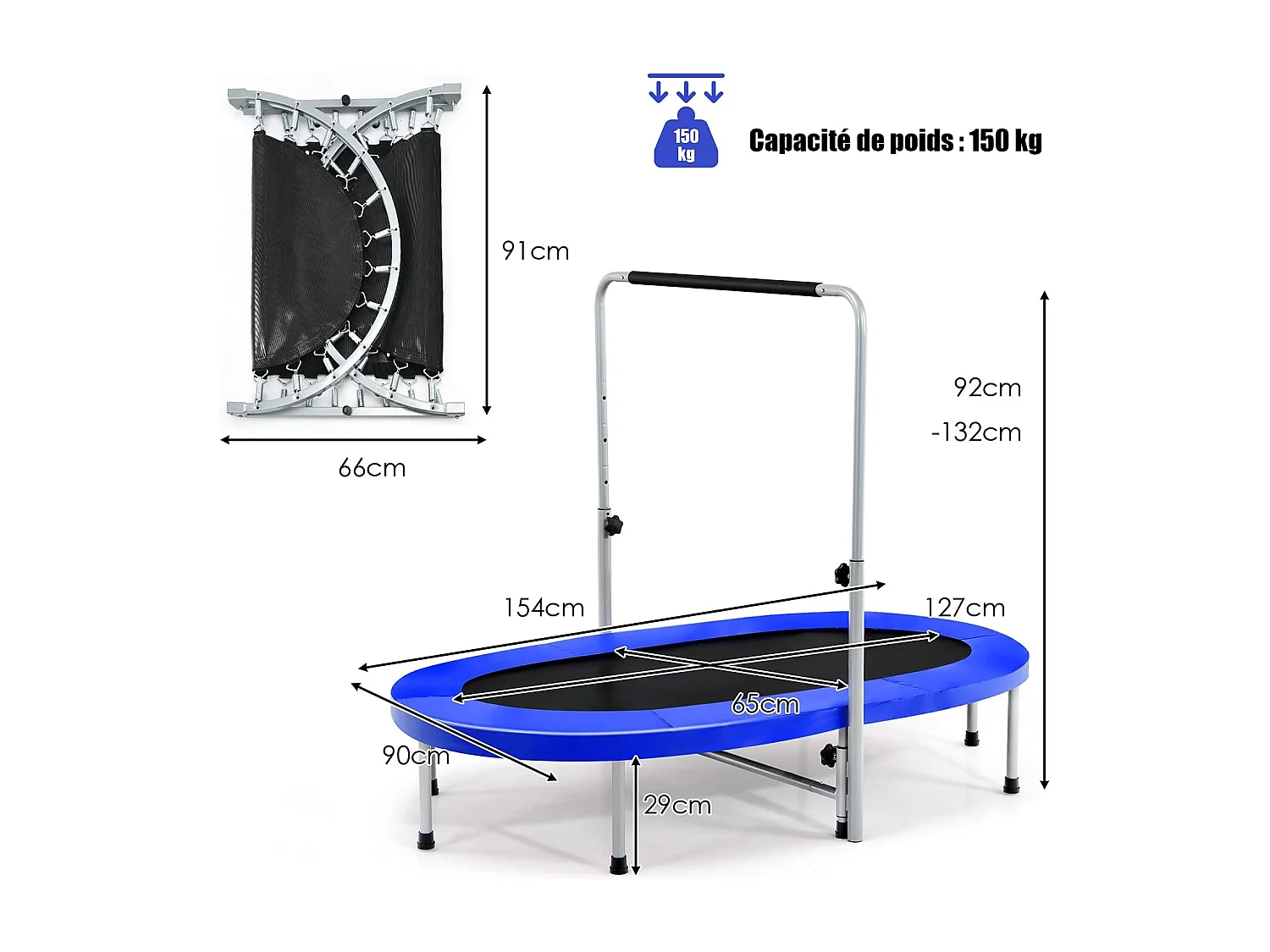 Trampoline Pliable pour 2 Enfants Intérieur/Extérieur avec Main Courante Ajustable Coussin Tapis de Saut Charge 150kg Bleu