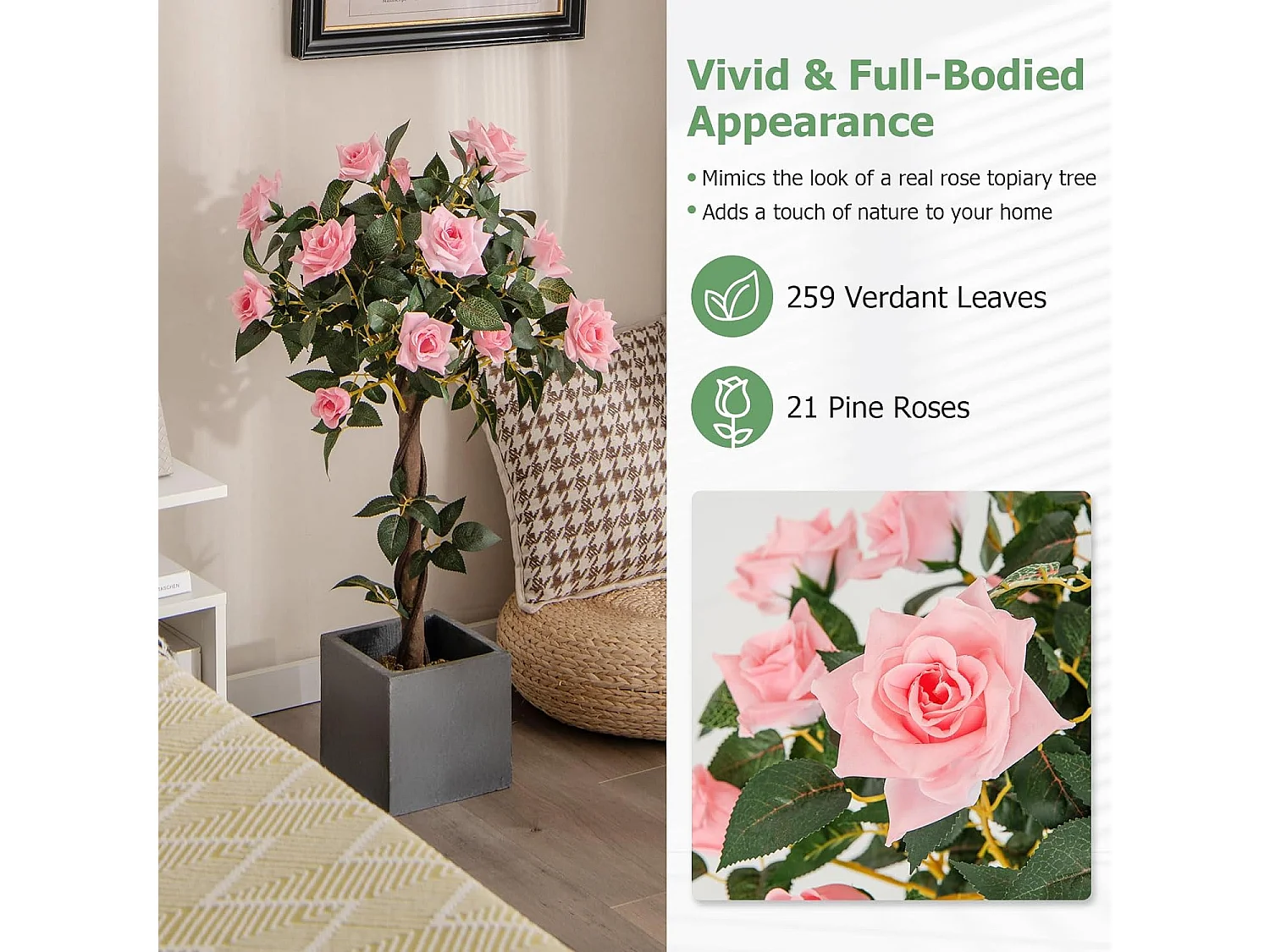 Plante Artificielle en Pot Remplies de Ciment 93CM avec 21 Roses, Fausse Rosier à Fleurs avec Tronc en Bois Véritable, Décoration Moderne pour Salon Balcon Bureau