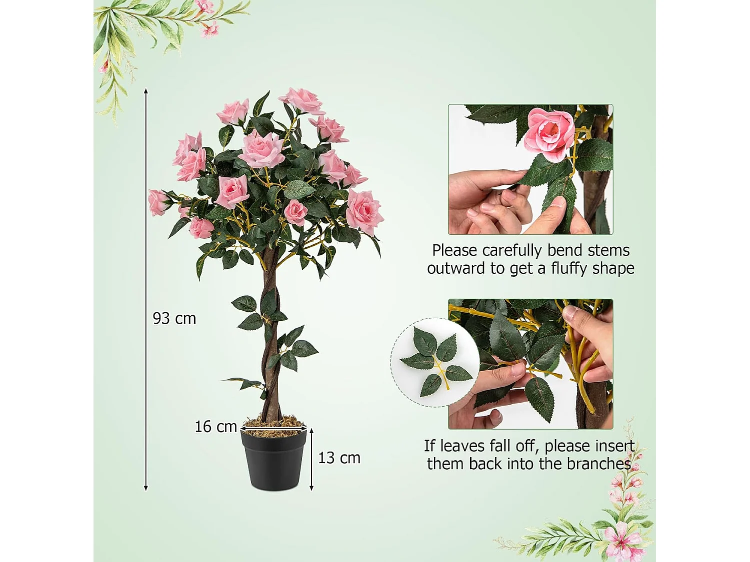 Plante Artificielle en Pot Remplies de Ciment 93CM avec 21 Roses, Fausse Rosier à Fleurs avec Tronc en Bois Véritable, Décoration Moderne pour Salon Balcon Bureau