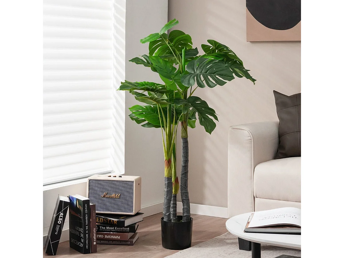 Palmier Artificiel Monstera Deliciosa 120CM avec 20 Feuilles, Fausse Plante avec Pot en Ciment et Mousse Réaliste, Décoration pour Maison Bureau Terrasse, Vert