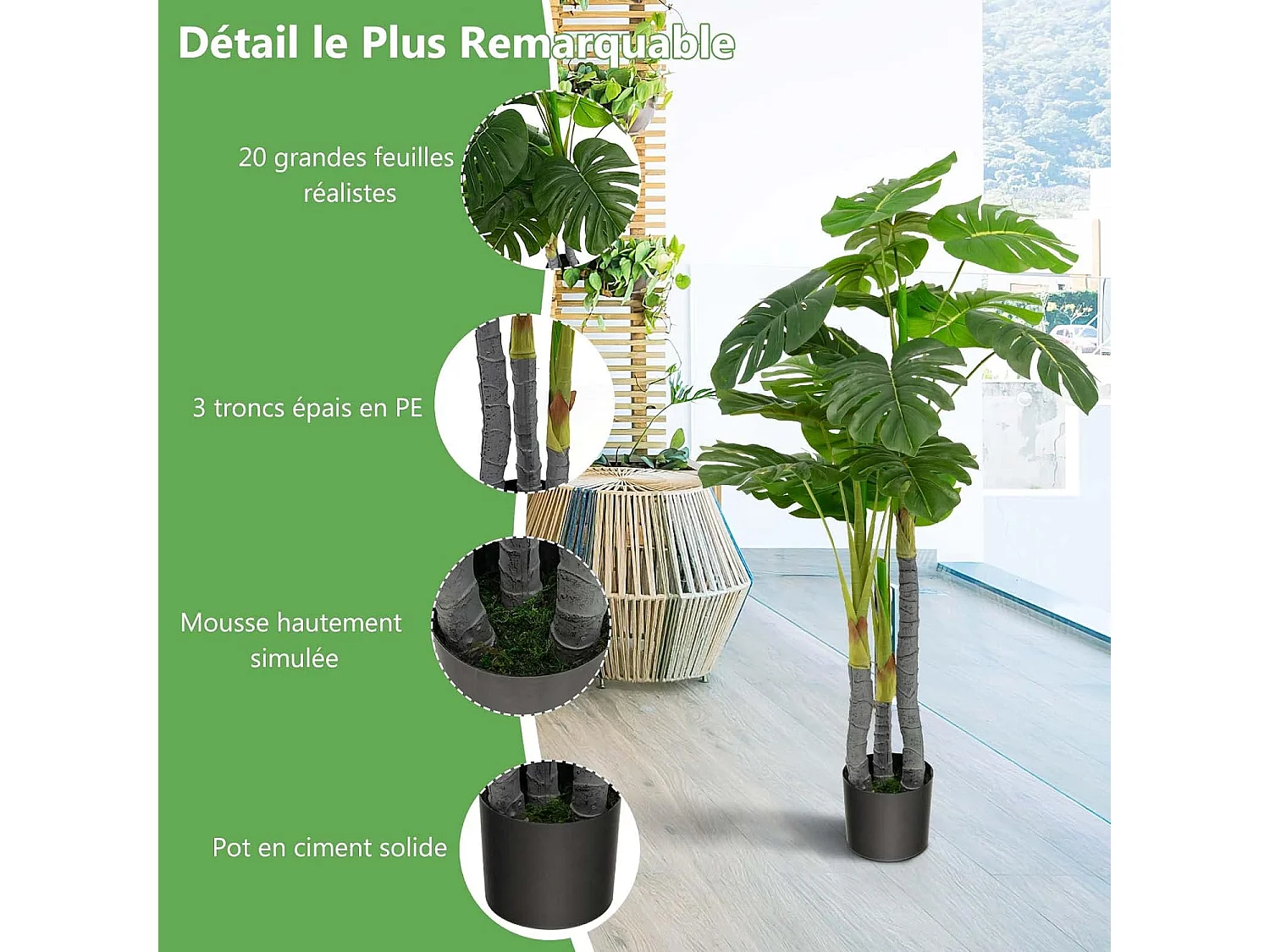 Palmier Artificiel Monstera Deliciosa 120CM avec 20 Feuilles, Fausse Plante avec Pot en Ciment et Mousse Réaliste, Décoration pour Maison Bureau Terrasse, Vert