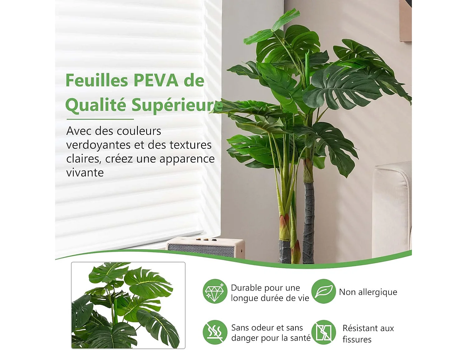 Palmier Artificiel Monstera Deliciosa 120CM avec 20 Feuilles, Fausse Plante avec Pot en Ciment et Mousse Réaliste, Décoration pour Maison Bureau Terrasse, Vert