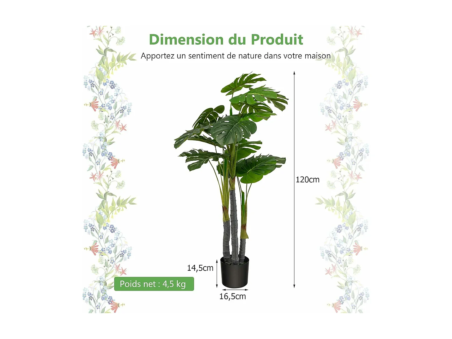 Palmier Artificiel Monstera Deliciosa 120CM avec 20 Feuilles, Fausse Plante avec Pot en Ciment et Mousse Réaliste, Décoration pour Maison Bureau Terrasse, Vert