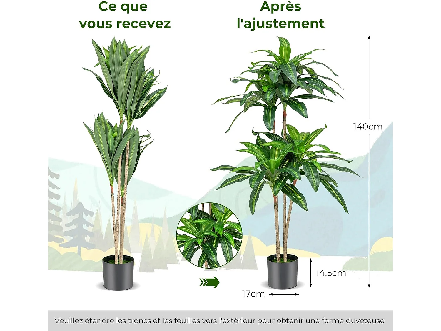 140 cm hoge kunstboom, nep Dracaena-plant met 92 bladeren, cementen pot met mos, onderhoudsvrij, voor tuindecoratie thuis, kantoor of thuis