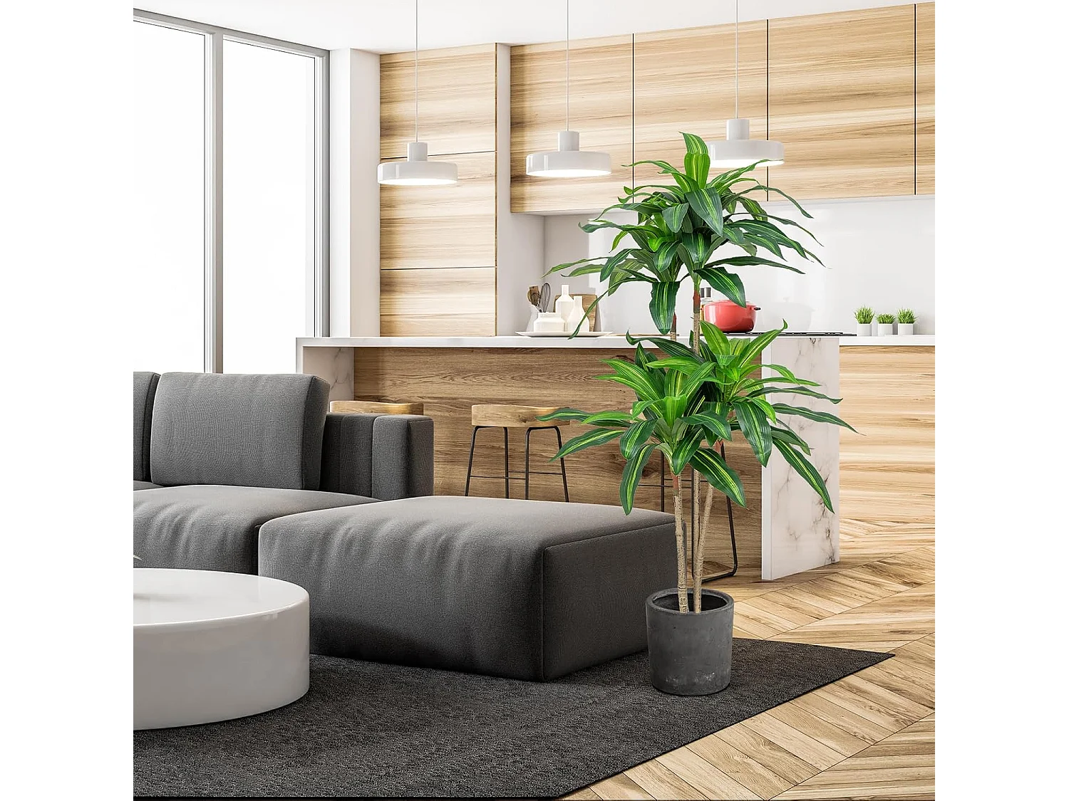 Arbre Artificiel de 140 cm, Fausse Plante Dracaena avec 92 Feuilles Pot en Ciment Couverture de Mousse, sans Entretien, pour Décoration de Jardin Maison Bureau