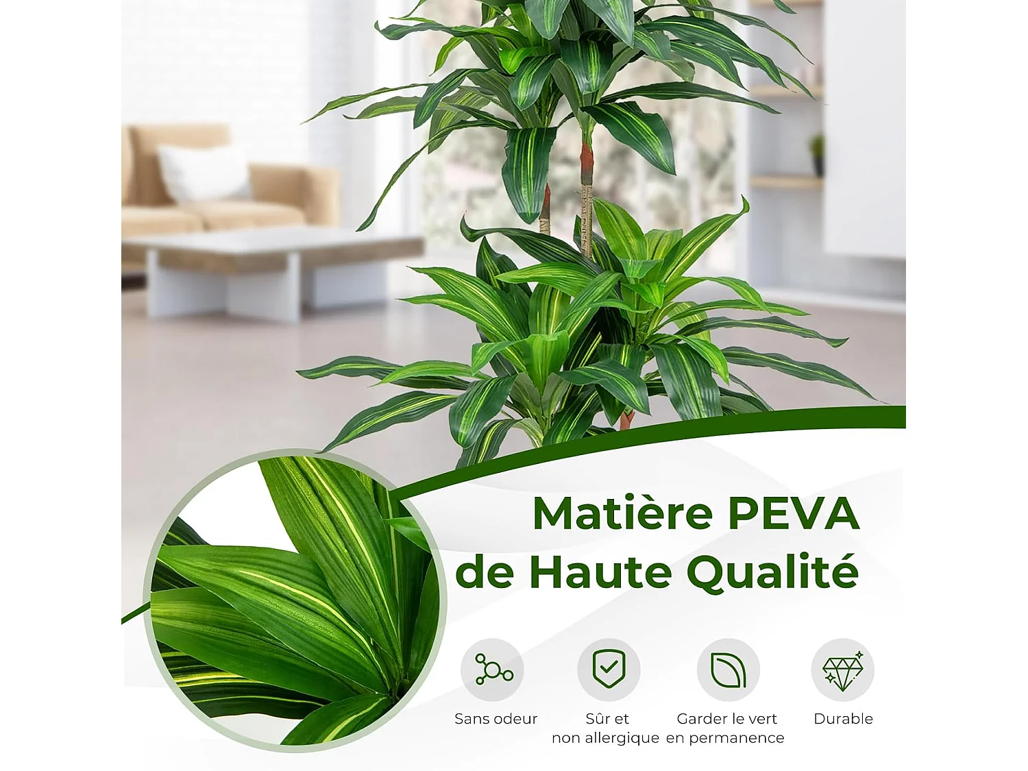 Arbre Artificiel de 140 cm, Fausse Plante Dracaena avec 92 Feuilles Pot en Ciment Couverture de Mousse, sans Entretien, pour Décoration de Jardin Maison Bureau