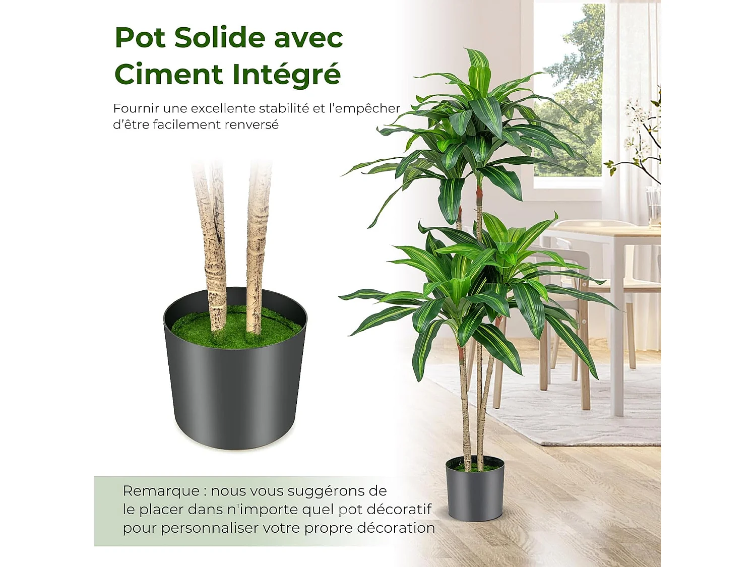 Arbre Artificiel de 140 cm, Fausse Plante Dracaena avec 92 Feuilles Pot en Ciment Couverture de Mousse, sans Entretien, pour Décoration de Jardin Maison Bureau