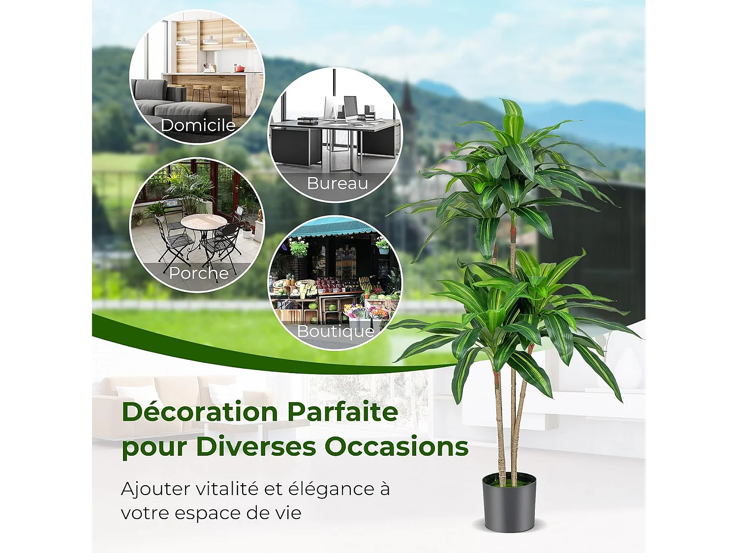 Arbre Artificiel de 140 cm, Fausse Plante Dracaena avec 92 Feuilles Pot en Ciment Couverture de Mousse, sans Entretien, pour Décoration de Jardin Maison Bureau
