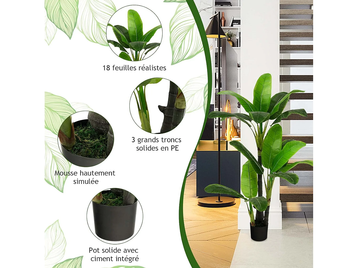 Plante Artificielle de 150CM en Plastique, Fausse Plante de Palmier Tropical avec 18 Grandes Feuilles, Pot en Ciment, 2 Mousse, pour Bureau, Maison, Jardin