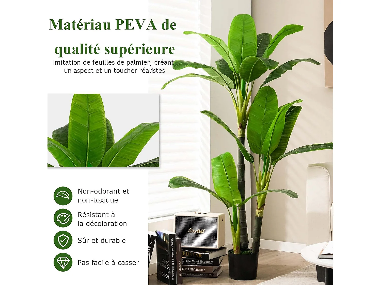 Plante Artificielle de 150CM en Plastique, Fausse Plante de Palmier Tropical avec 18 Grandes Feuilles, Pot en Ciment, 2 Mousse, pour Bureau, Maison, Jardin