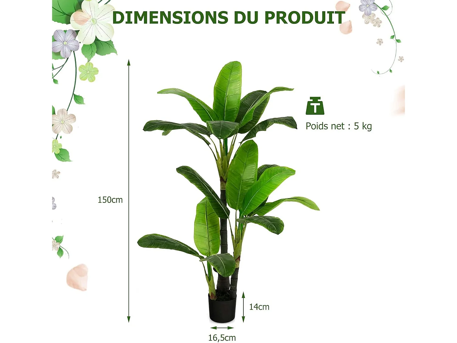 Plante Artificielle de 150CM en Plastique, Fausse Plante de Palmier Tropical avec 18 Grandes Feuilles, Pot en Ciment, 2 Mousse, pour Bureau, Maison, Jardin