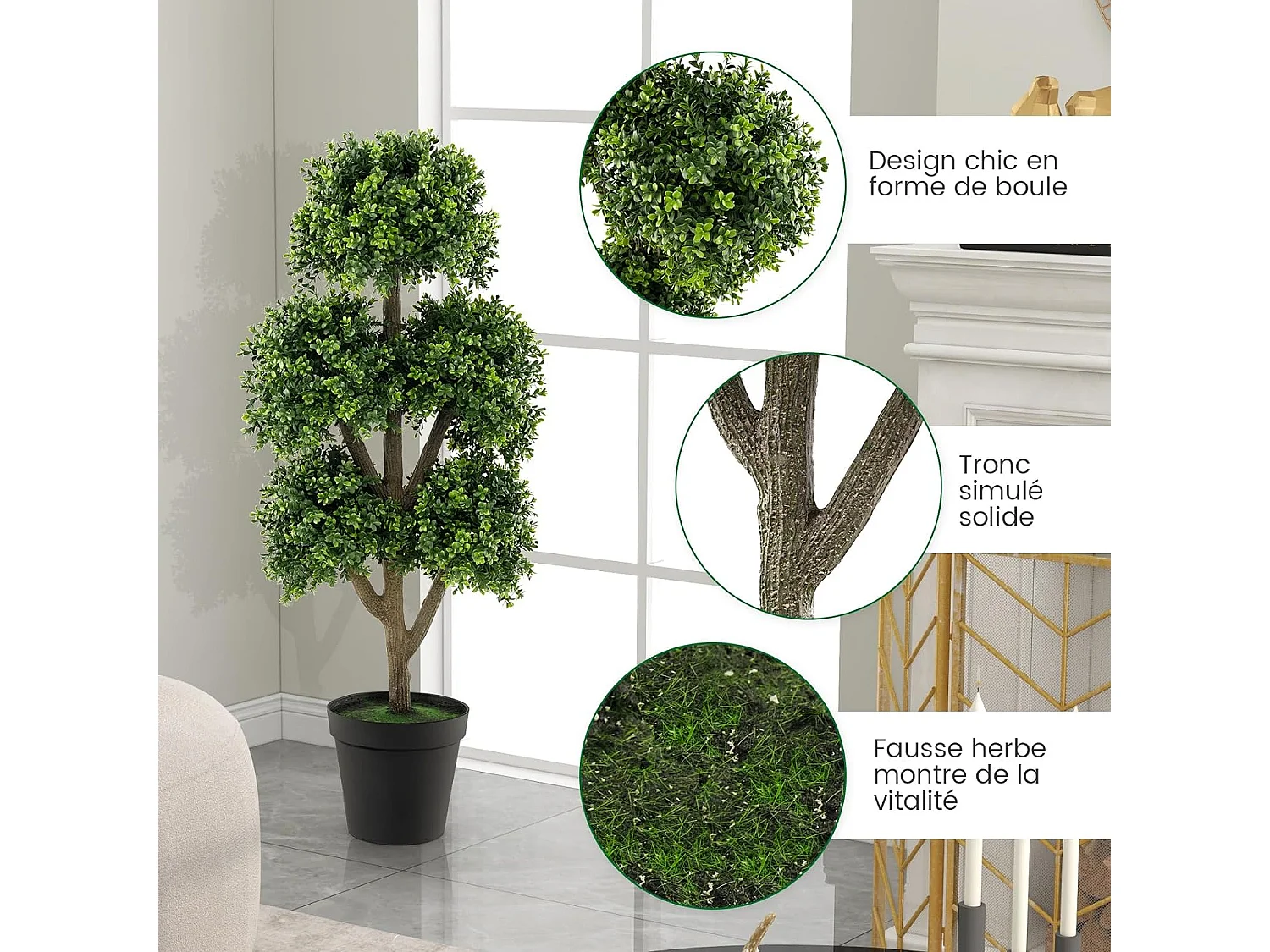 Arbre Topiaire en Buis Artificiel à 5 Boules 115 cm, Fausse Plante de Buis avec Pot Lesté Rempli de Ciment, pour Décoration de Maison Bureau Jardin et Entrée (115 cm)