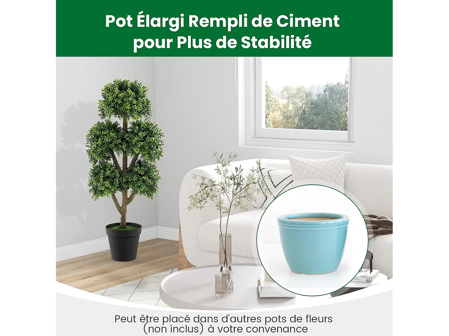 Arbre Topiaire en Buis Artificiel à 5 Boules 115 cm, Fausse Plante de Buis avec Pot Lesté Rempli de Ciment, pour Décoration de Maison Bureau Jardin et Entrée (115 cm)