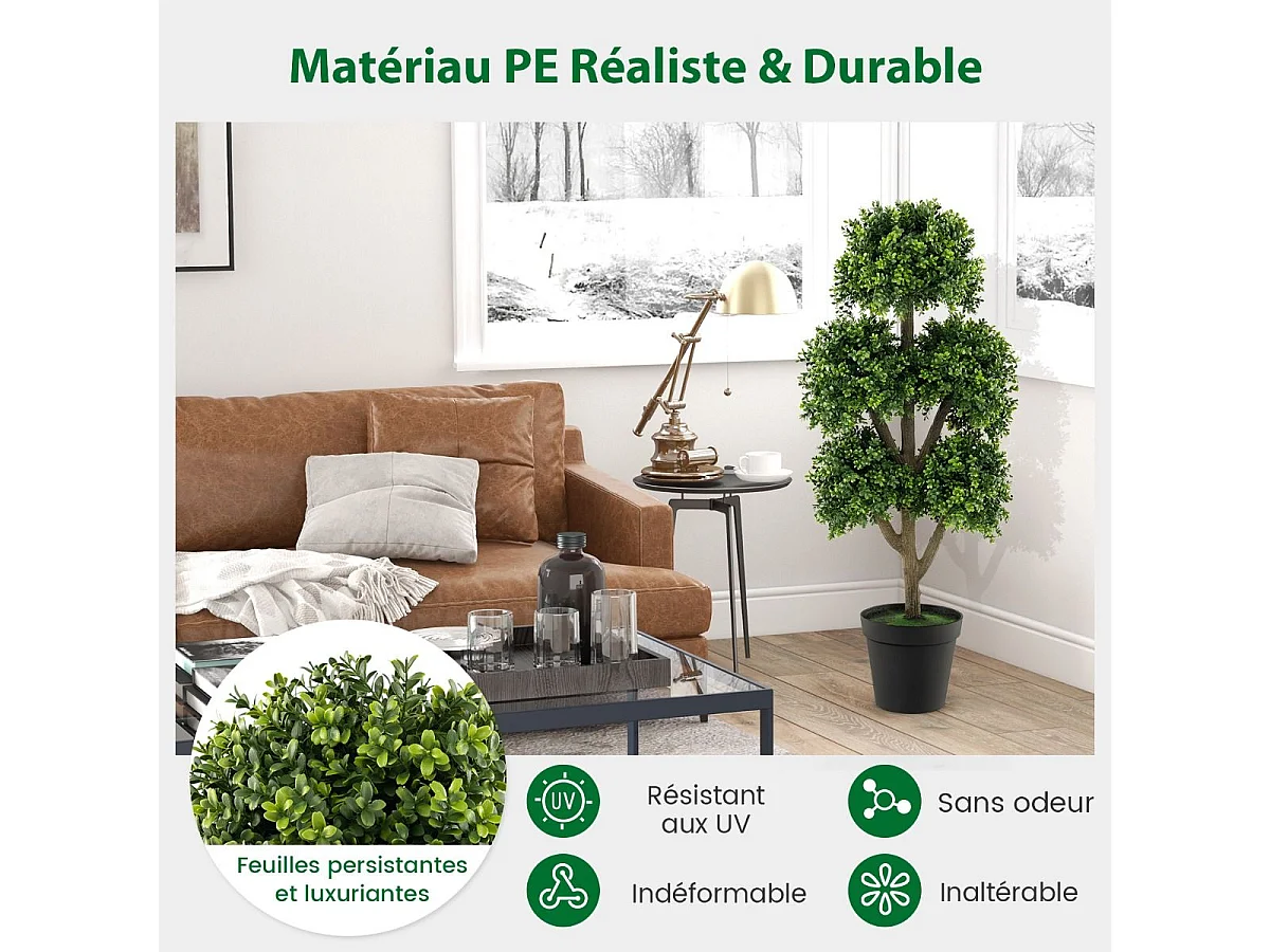 Arbre Topiaire en Buis Artificiel à 5 Boules 115 cm, Fausse Plante de Buis avec Pot Lesté Rempli de Ciment, pour Décoration de Maison Bureau Jardin et Entrée (115 cm)