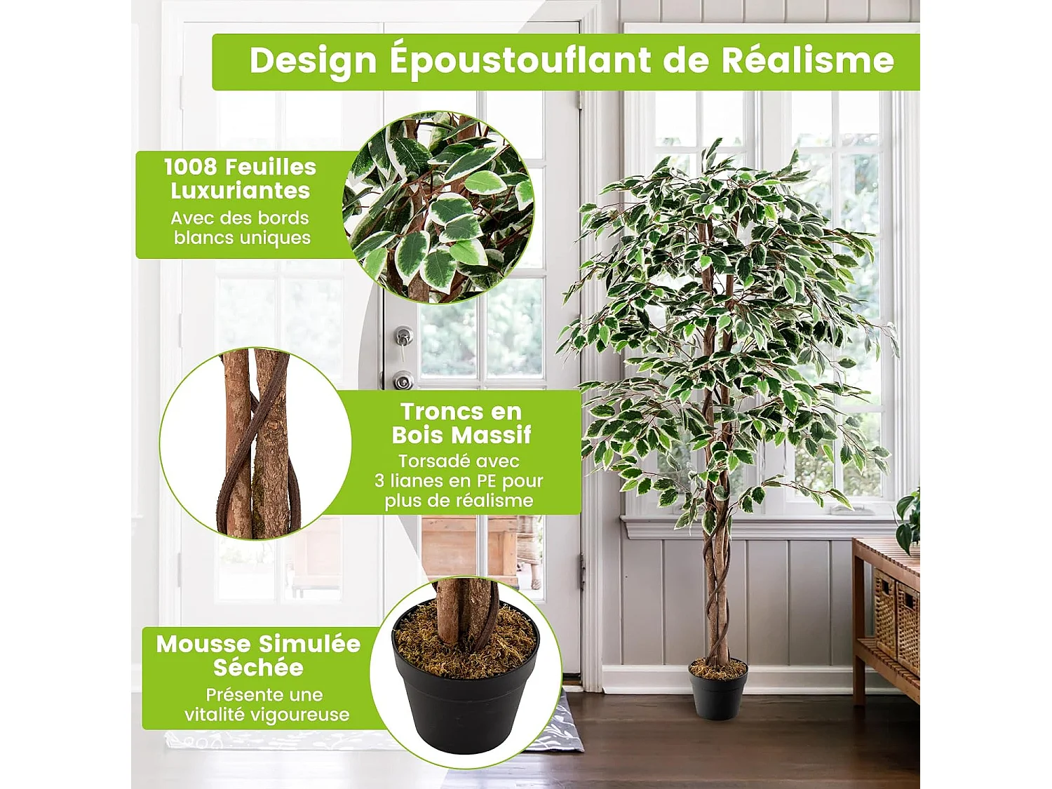 Plante Artificielle de 160CM avec Pot Rempli de Ciment, Ficus Artificiel avec 1008 Feuilles Tronc Réaliste Mousse Séchée, Fausse Arbre Décoration du Magasin Bureau