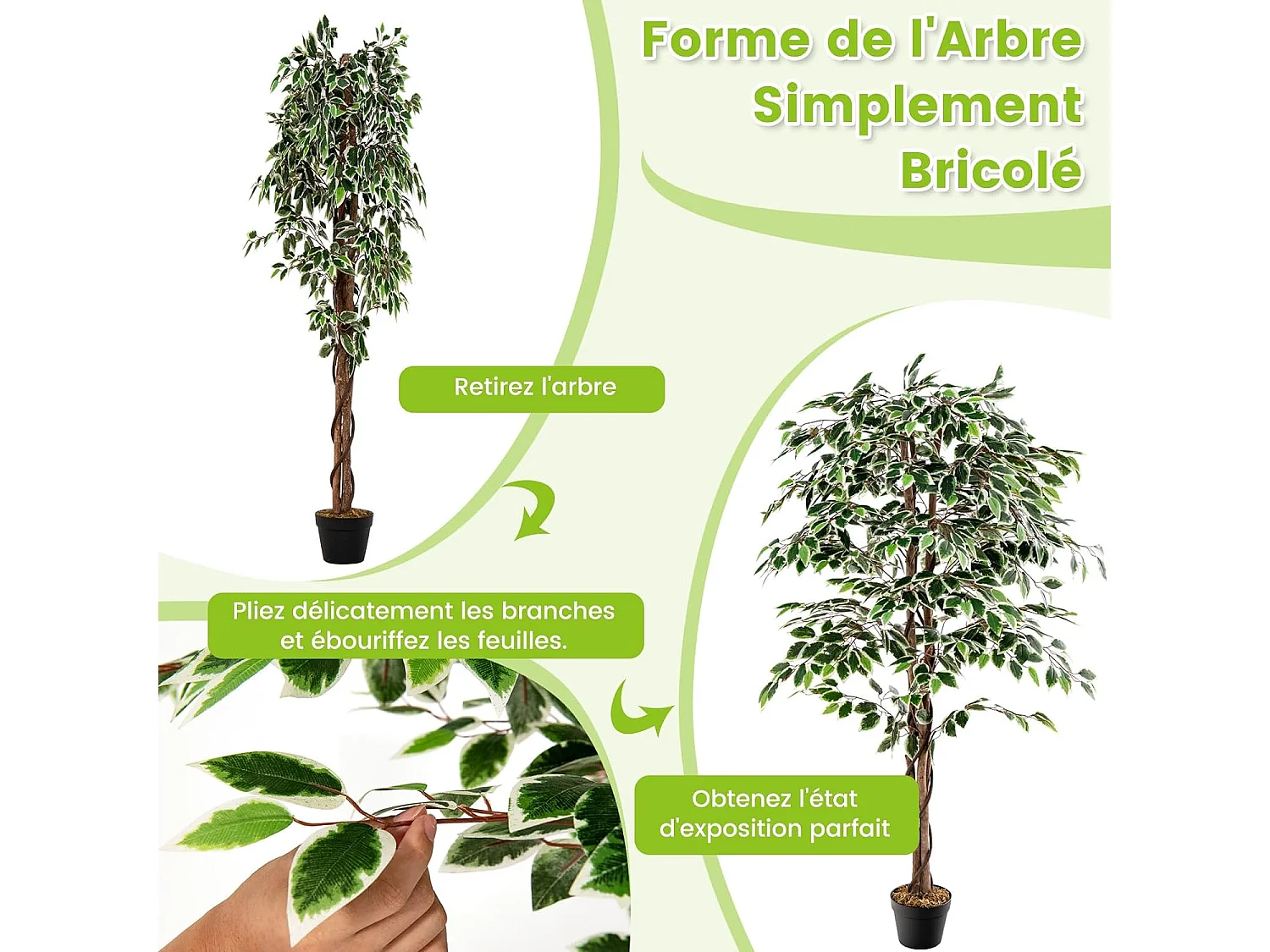 Plante Artificielle de 160CM avec Pot Rempli de Ciment, Ficus Artificiel avec 1008 Feuilles Tronc Réaliste Mousse Séchée, Fausse Arbre Décoration du Magasin Bureau
