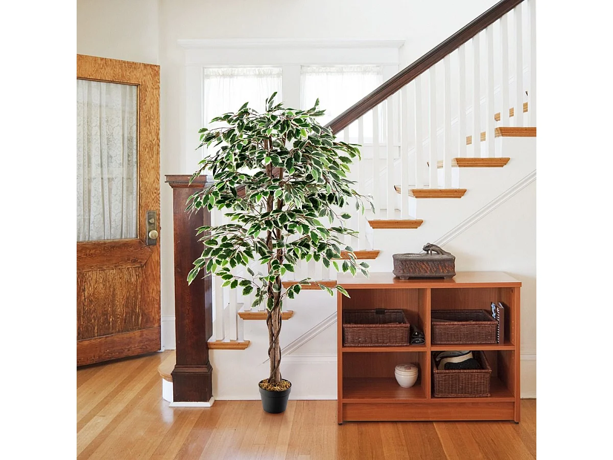 Plante Artificielle de 160CM avec Pot Rempli de Ciment, Ficus Artificiel avec 1008 Feuilles Tronc Réaliste Mousse Séchée, Fausse Arbre Décoration du Magasin Bureau