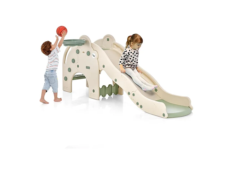 4 en 1 Toboggan Enfant en Forme Éléphant avec Panier de Basketball, en HDPE avec Ballon, Aire de Jeux pour Glisser & Grimper, Charge 50kg pour 18 Mois+ (Vert)