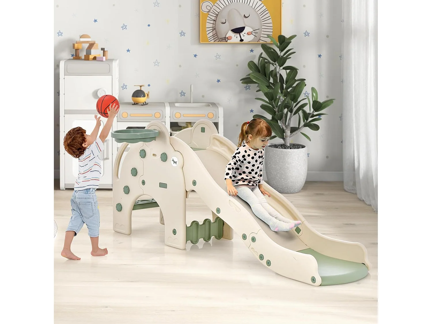 4 en 1 Toboggan Enfant en Forme Éléphant avec Panier de Basketball, en HDPE avec Ballon, Aire de Jeux pour Glisser & Grimper, Charge 50kg pour 18 Mois+ (Vert)