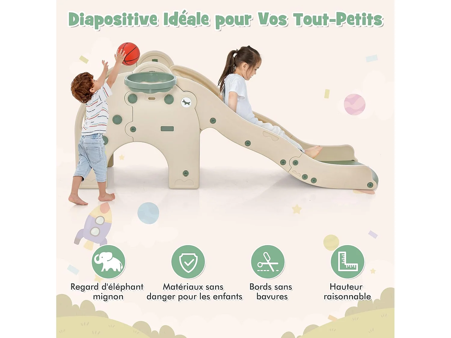 4 en 1 Toboggan Enfant en Forme Éléphant avec Panier de Basketball, en HDPE avec Ballon, Aire de Jeux pour Glisser & Grimper, Charge 50kg pour 18 Mois+ (Vert)