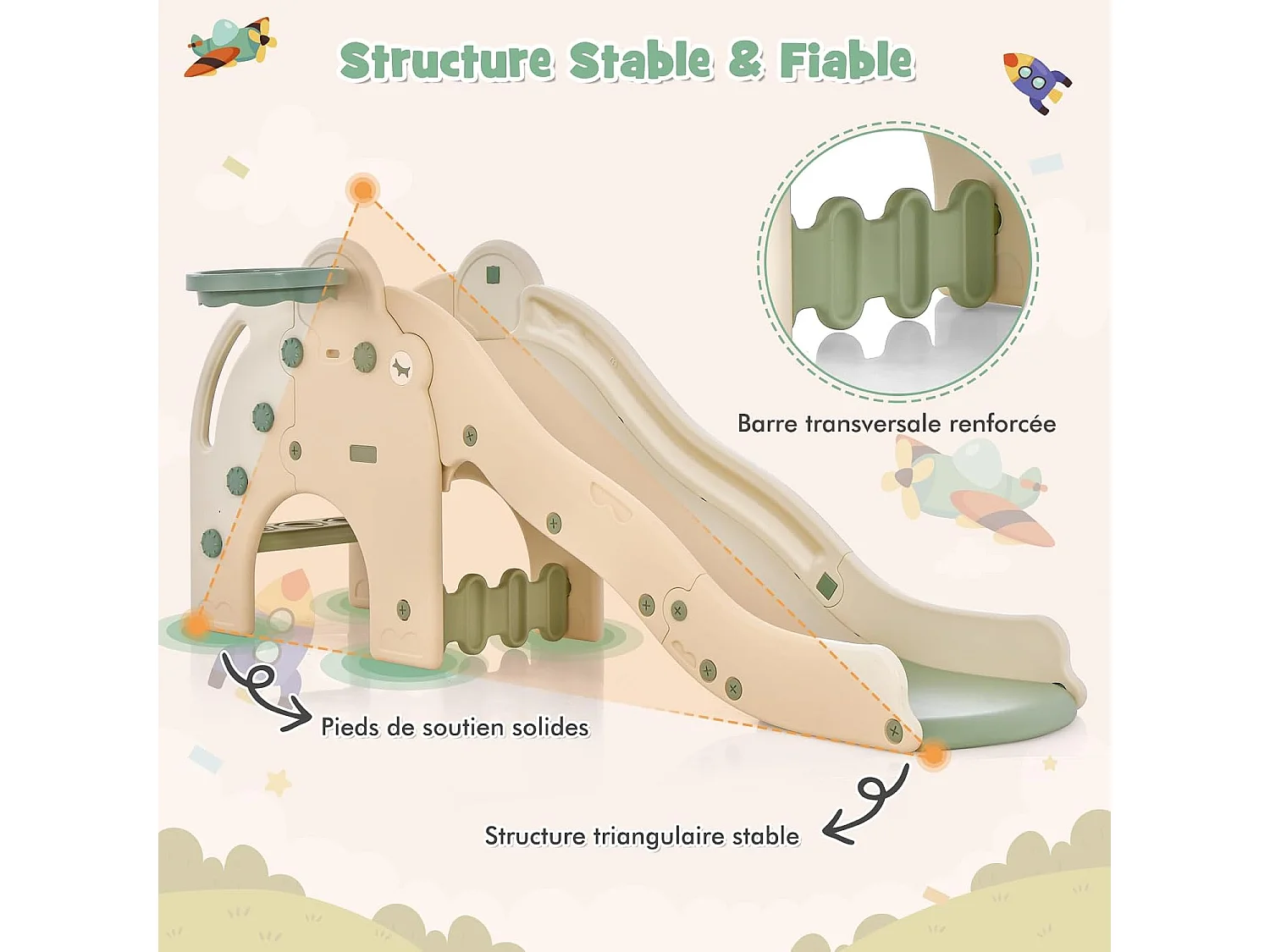 4 en 1 Toboggan Enfant en Forme Éléphant avec Panier de Basketball, en HDPE avec Ballon, Aire de Jeux pour Glisser & Grimper, Charge 50kg pour 18 Mois+ (Vert)