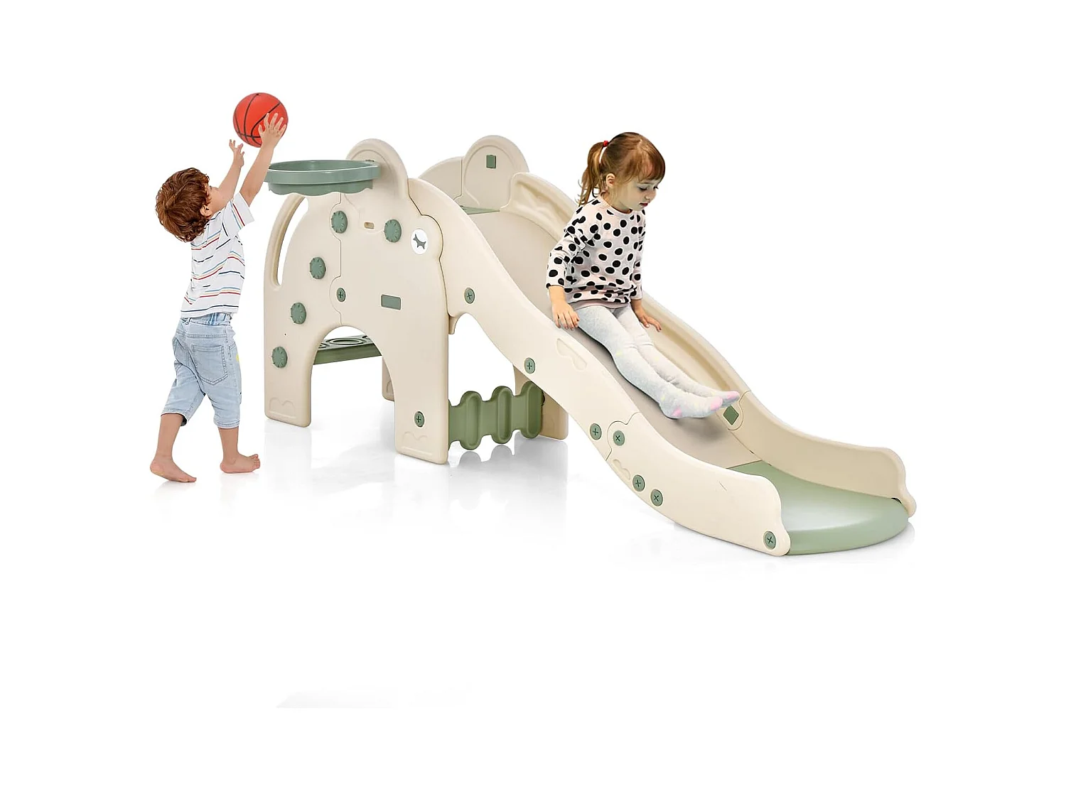 4 en 1 Toboggan Enfant en Forme Éléphant avec Panier de Basketball, en HDPE avec Ballon, Aire de Jeux pour Glisser & Grimper, Charge 50kg pour 18 Mois+ (Vert)