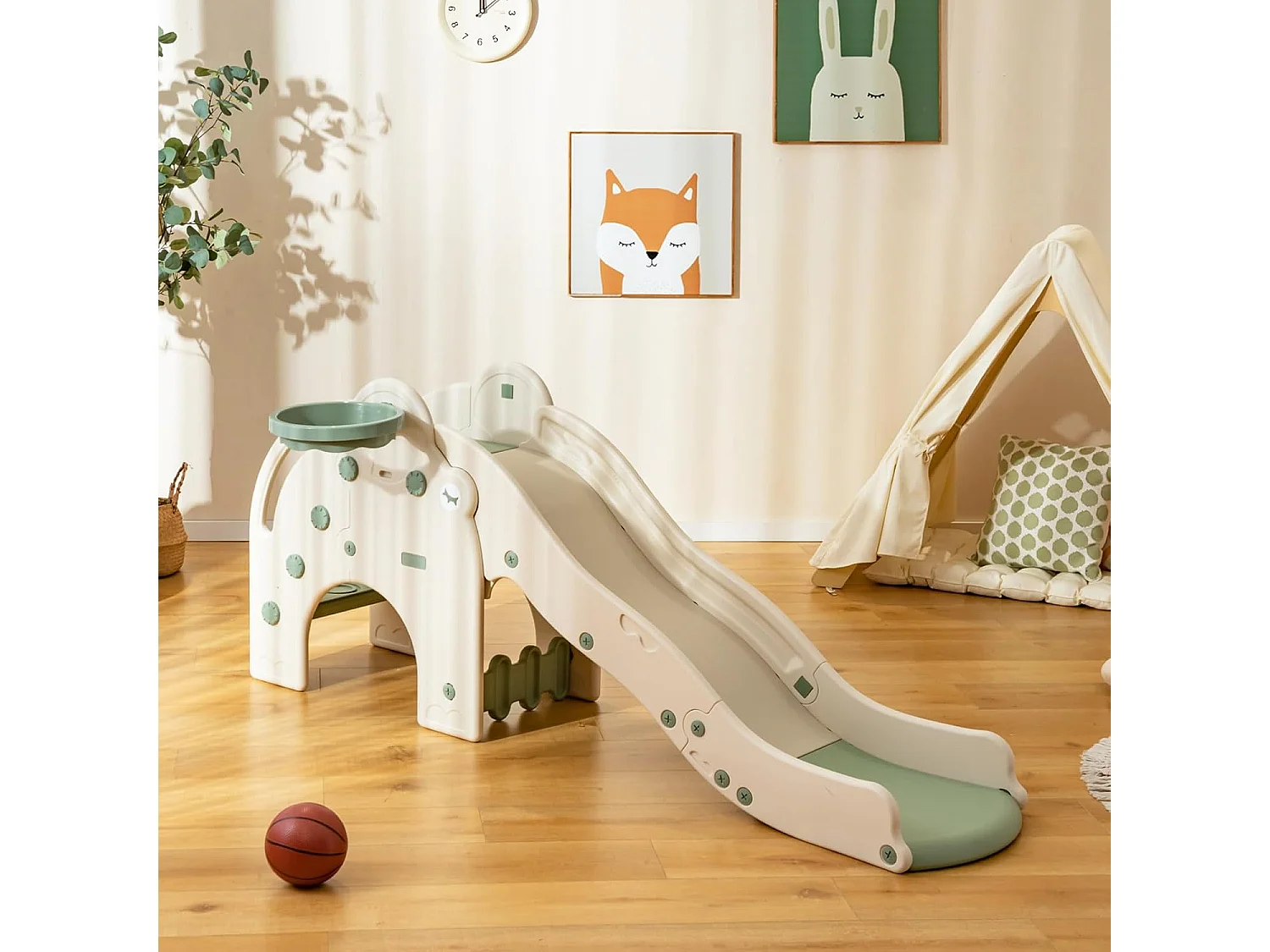4 en 1 Toboggan Enfant en Forme Éléphant avec Panier de Basketball, en HDPE avec Ballon, Aire de Jeux pour Glisser & Grimper, Charge 50kg pour 18 Mois+ (Vert)