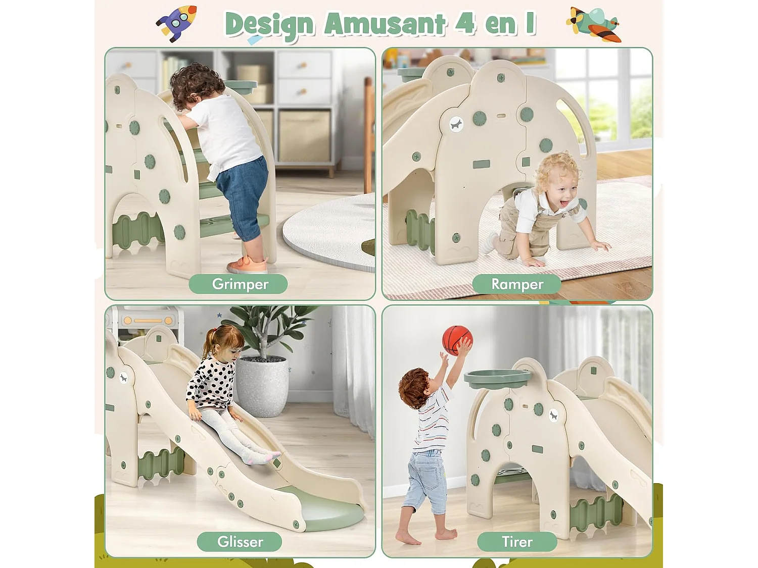 4 en 1 Toboggan Enfant en Forme Éléphant avec Panier de Basketball, en HDPE avec Ballon, Aire de Jeux pour Glisser & Grimper, Charge 50kg pour 18 Mois+ (Vert)
