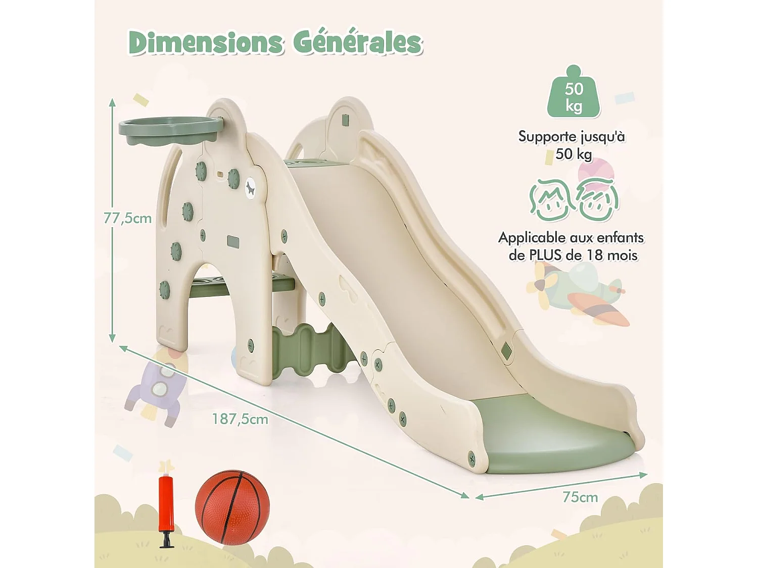 4 en 1 Toboggan Enfant en Forme Éléphant avec Panier de Basketball, en HDPE avec Ballon, Aire de Jeux pour Glisser & Grimper, Charge 50kg pour 18 Mois+ (Vert)