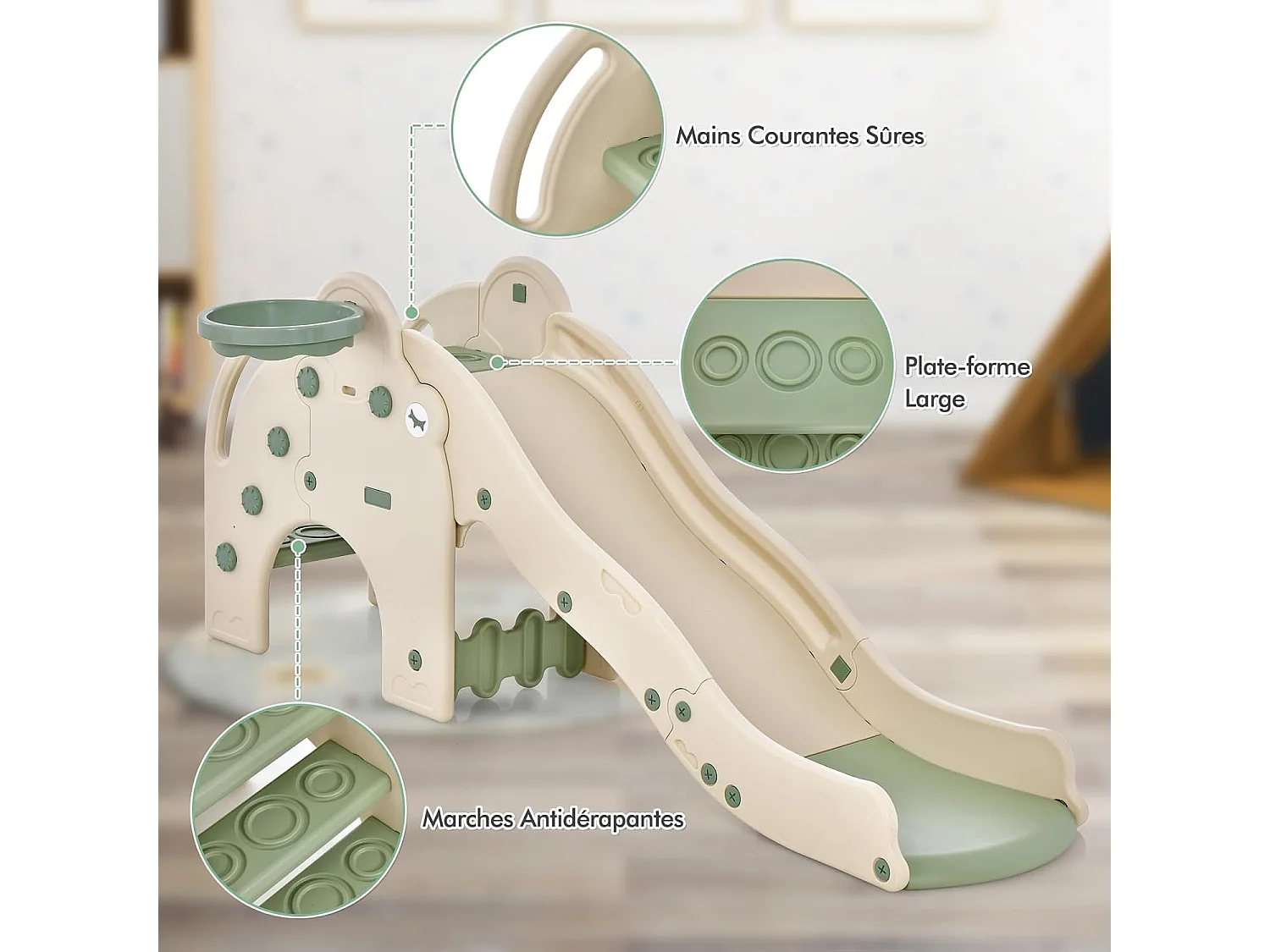 4 en 1 Toboggan Enfant en Forme Éléphant avec Panier de Basketball, en HDPE avec Ballon, Aire de Jeux pour Glisser & Grimper, Charge 50kg pour 18 Mois+ (Vert)