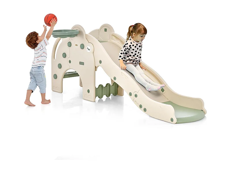 4 en 1 Toboggan Enfant en Forme Éléphant avec Panier de Basketball, en HDPE avec Ballon, Aire de Jeux pour Glisser & Grimper, Charge 50kg pour 18 Mois+ (Vert)
