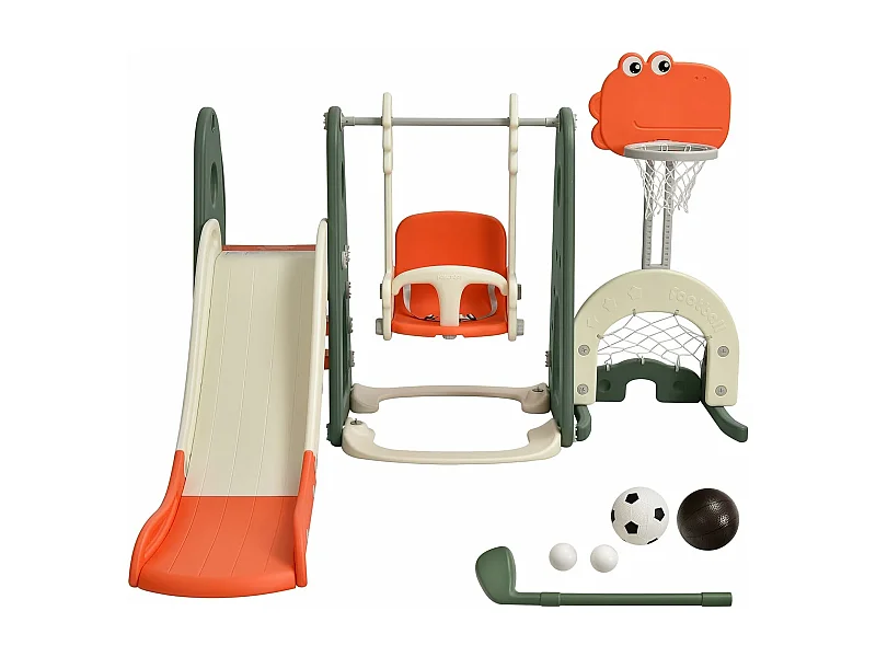 Ensemble Toboggan Balançoire 6 en 1 HDPE Basket-ball Football Escalade Golf pour Enfants 18 Mois+ Orange+Vert