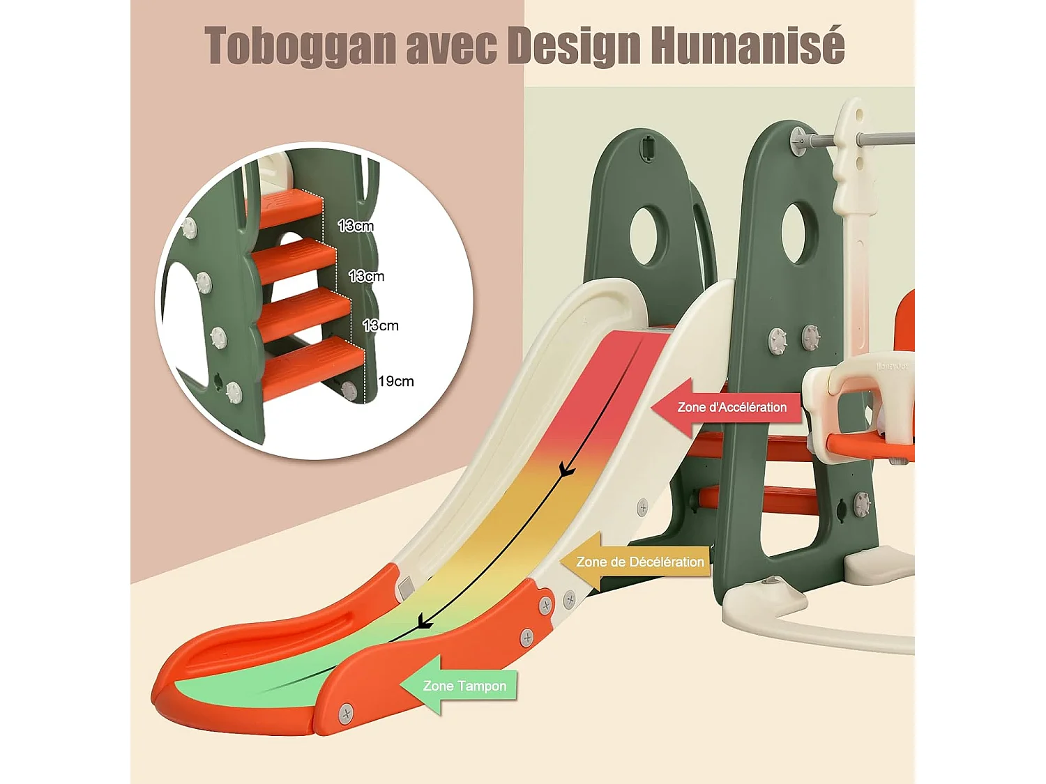 Ensemble Toboggan Balançoire 6 en 1 HDPE Basket-ball Football Escalade Golf pour Enfants 18 Mois+ Orange+Vert