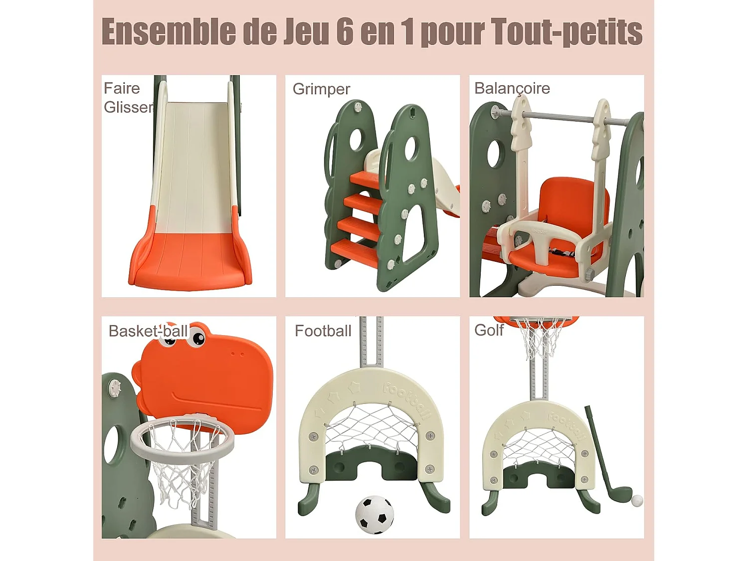 Ensemble Toboggan Balançoire 6 en 1 HDPE Basket-ball Football Escalade Golf pour Enfants 18 Mois+ Orange+Vert