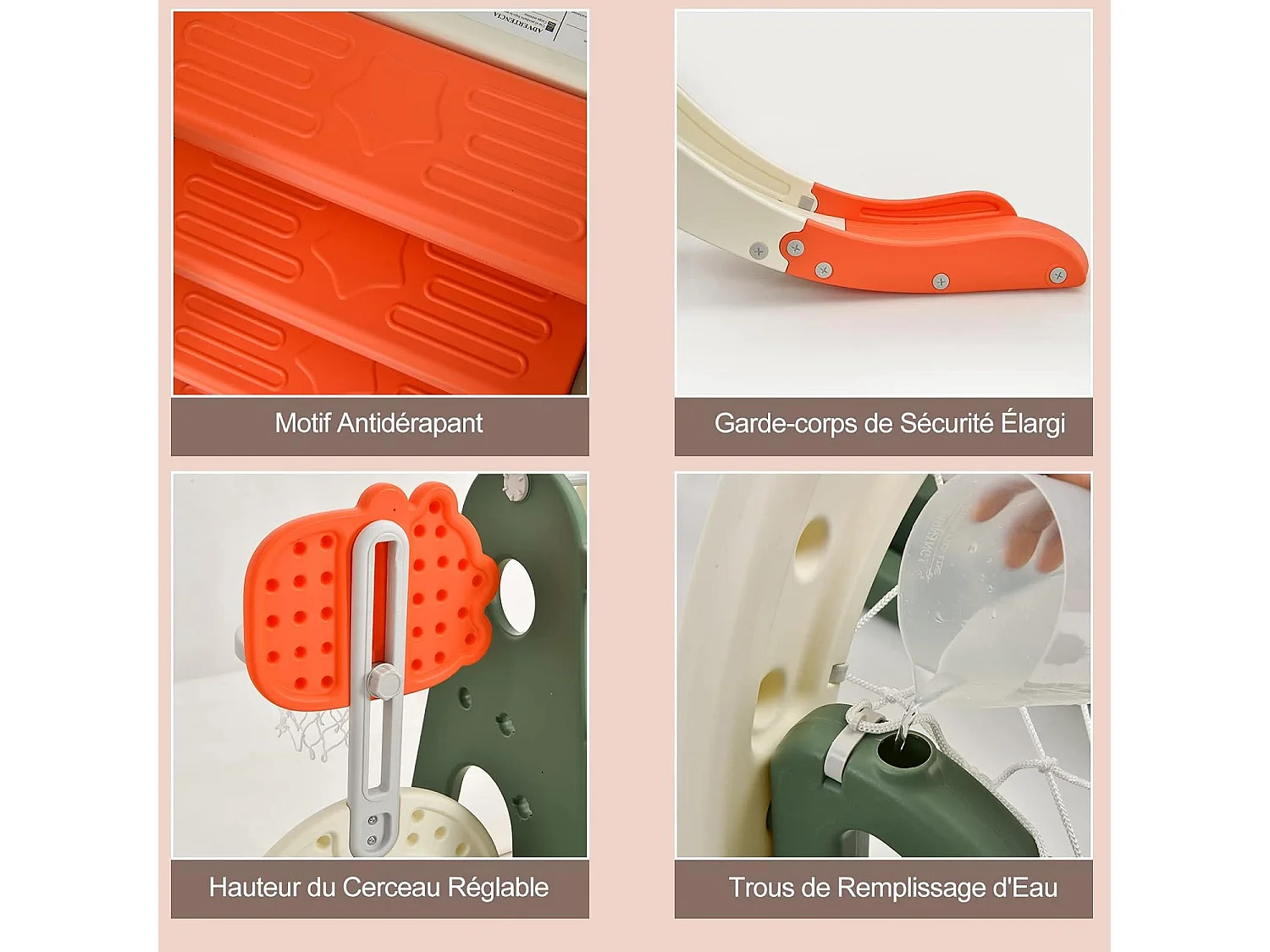 Ensemble Toboggan Balançoire 6 en 1 HDPE Basket-ball Football Escalade Golf pour Enfants 18 Mois+ Orange+Vert