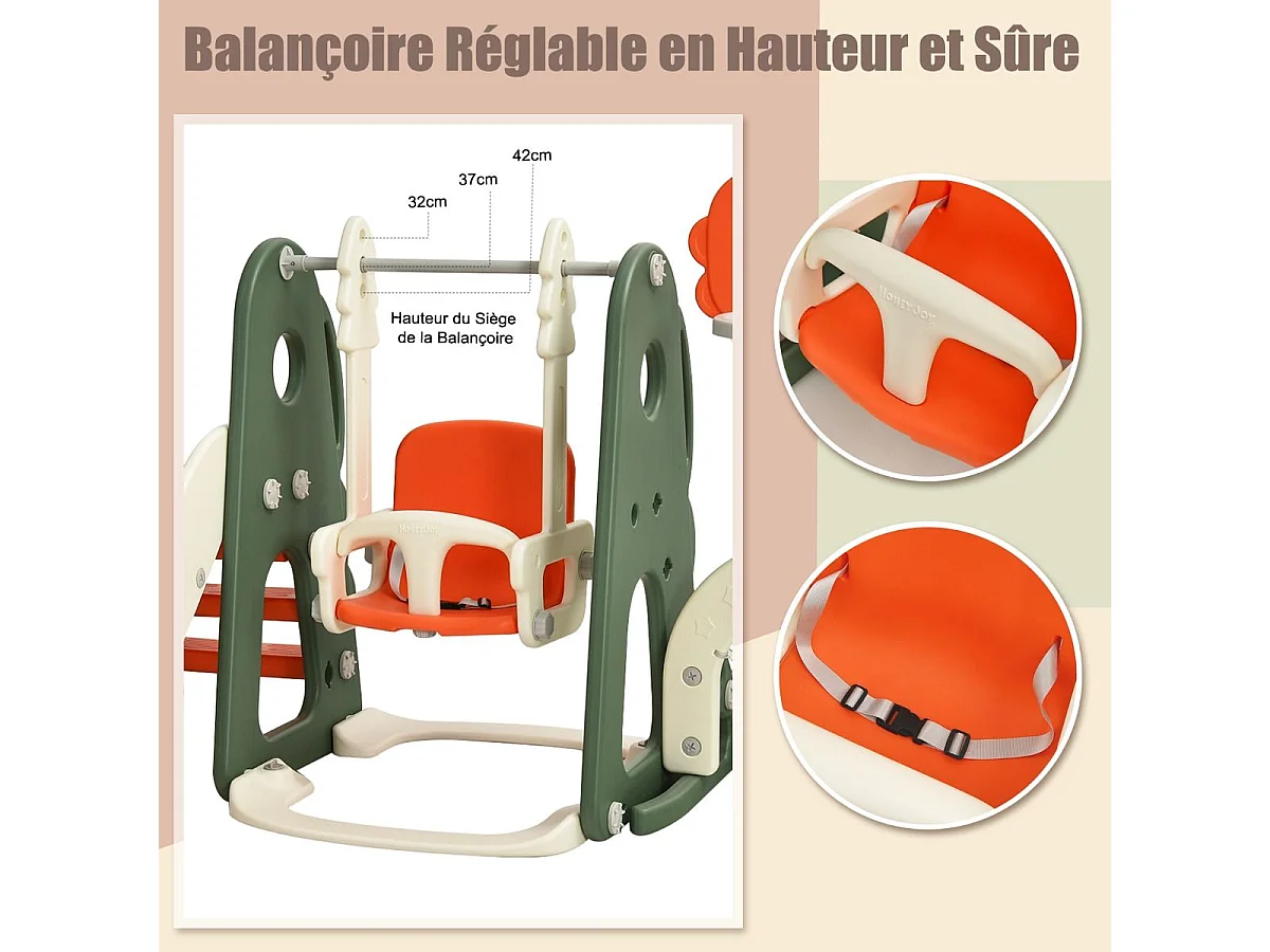 Ensemble Toboggan Balançoire 6 en 1 HDPE Basket-ball Football Escalade Golf pour Enfants 18 Mois+ Orange+Vert