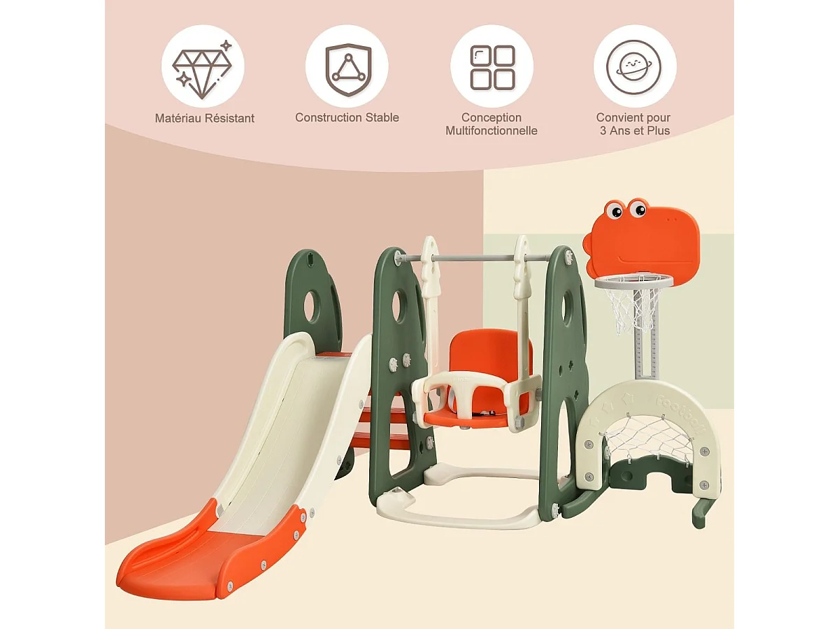 Ensemble Toboggan Balançoire 6 en 1 HDPE Basket-ball Football Escalade Golf pour Enfants 18 Mois+ Orange+Vert