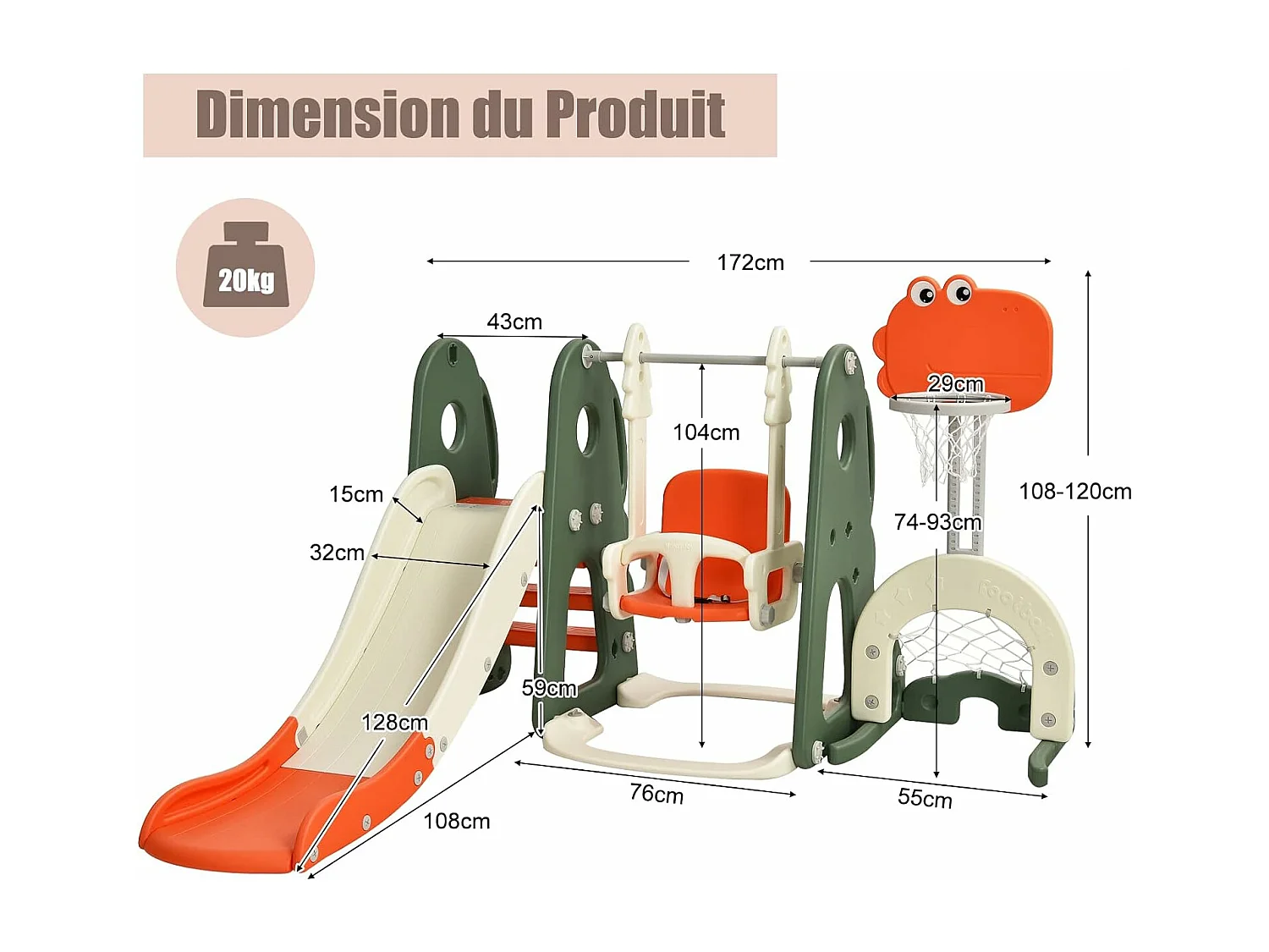 Ensemble Toboggan Balançoire 6 en 1 HDPE Basket-ball Football Escalade Golf pour Enfants 18 Mois+ Orange+Vert