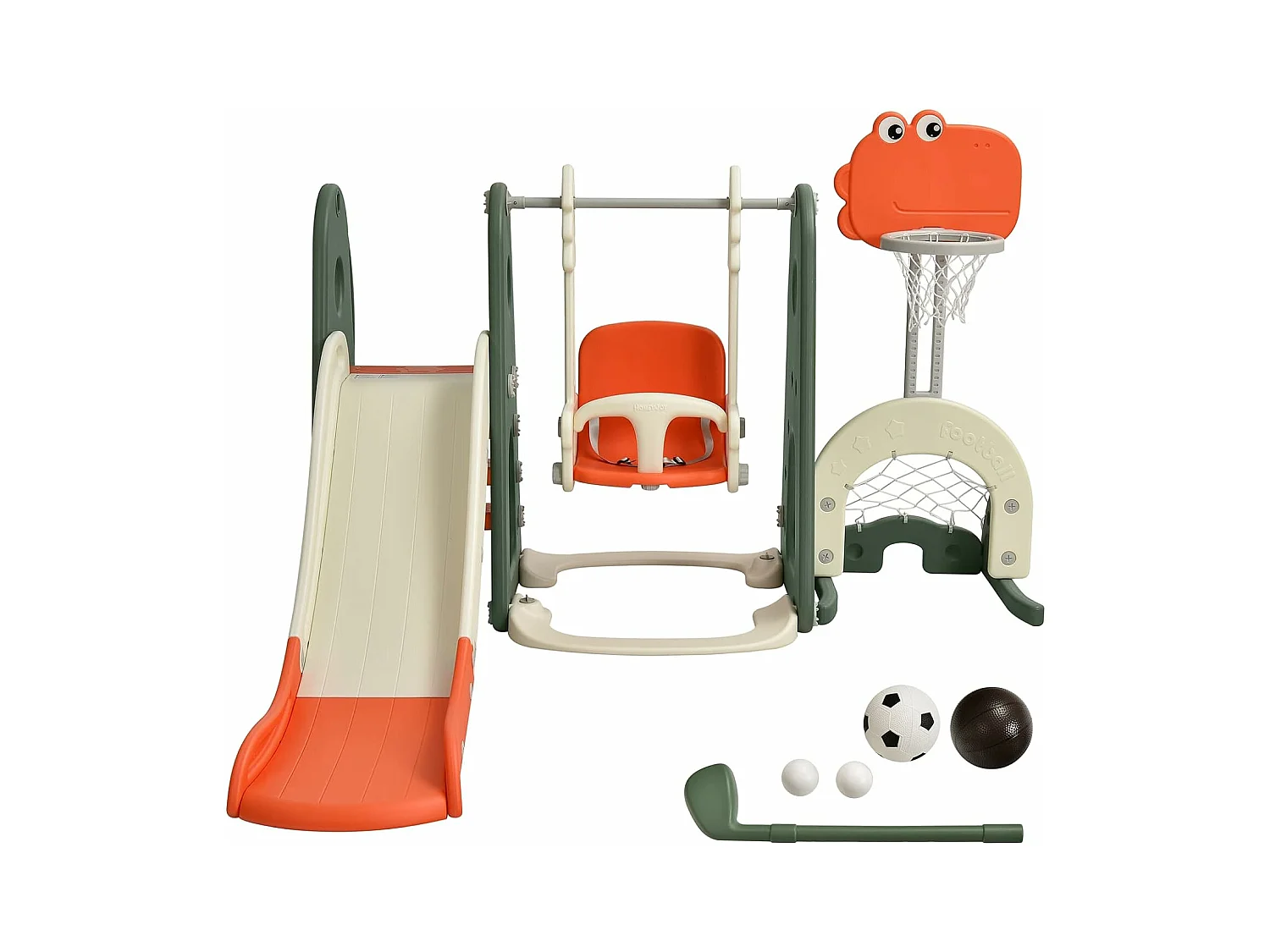Ensemble Toboggan Balançoire 6 en 1 HDPE Basket-ball Football Escalade Golf pour Enfants 18 Mois+ Orange+Vert