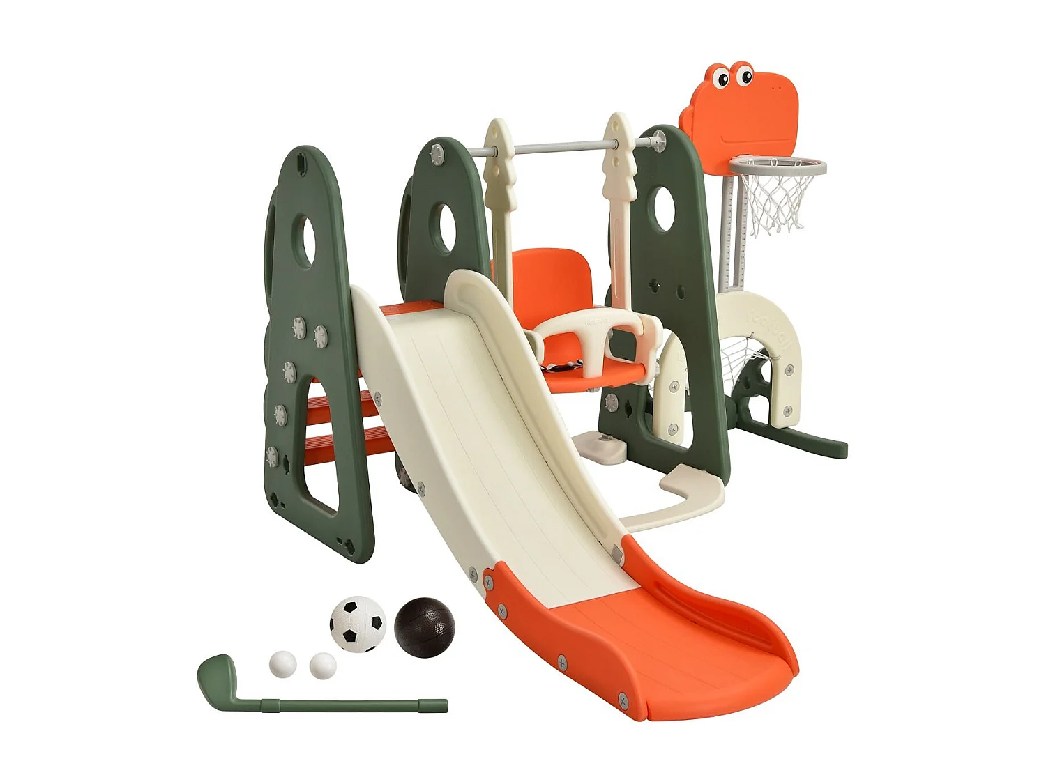 Ensemble Toboggan Balançoire 6 en 1 HDPE Basket-ball Football Escalade Golf pour Enfants 18 Mois+ Orange+Vert