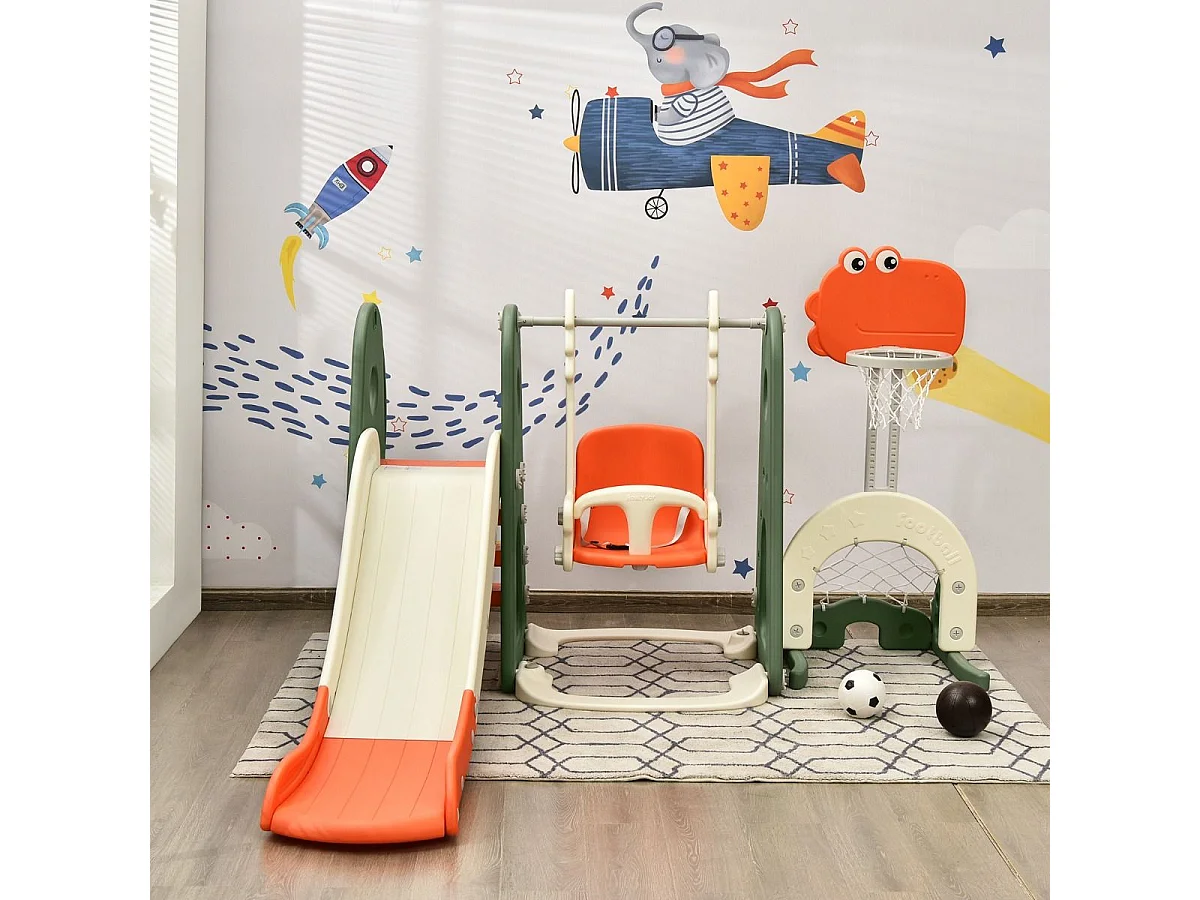 Ensemble Toboggan Balançoire 6 en 1 HDPE Basket-ball Football Escalade Golf pour Enfants 18 Mois+ Orange+Vert