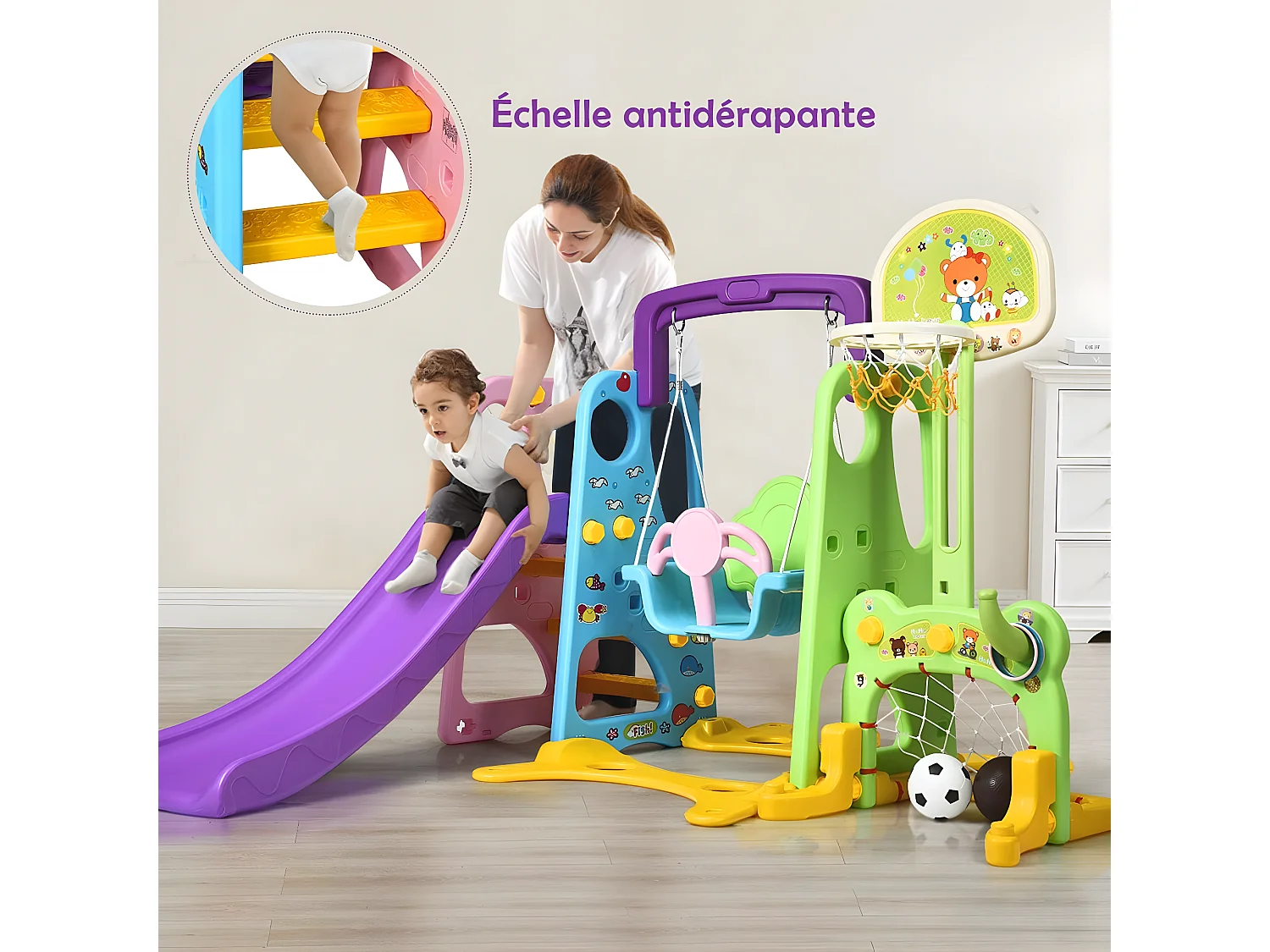 Ensemble Toboggan Balançoire 6 en 1 Basket-ball Football Escalade Jeu Boucle - Exterieur Intérieure 3 - 8 Ans Violet