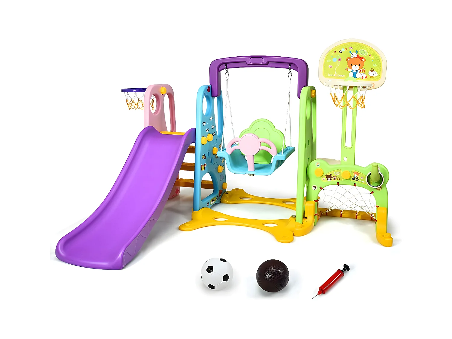 Ensemble Toboggan Balançoire 6 en 1 Basket-ball Football Escalade Jeu Boucle - Exterieur Intérieure 3 - 8 Ans Violet