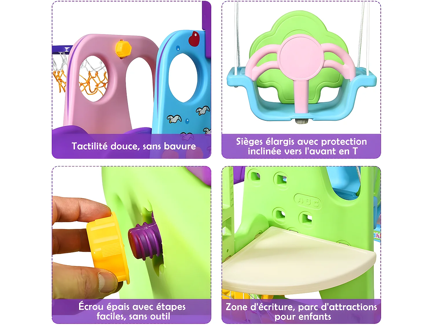 Ensemble Toboggan Balançoire 6 en 1 Basket-ball Football Escalade Jeu Boucle - Exterieur Intérieure 3 - 8 Ans Violet