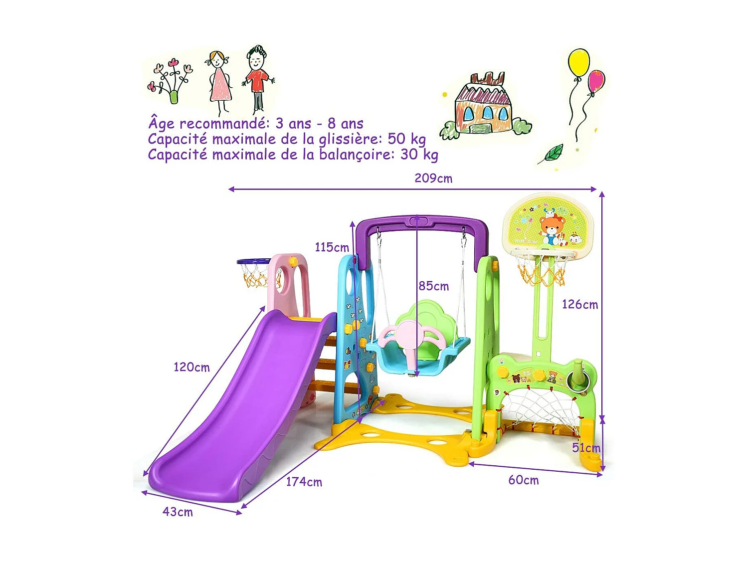 Ensemble Toboggan Balançoire 6 en 1 Basket-ball Football Escalade Jeu Boucle - Exterieur Intérieure 3 - 8 Ans Violet