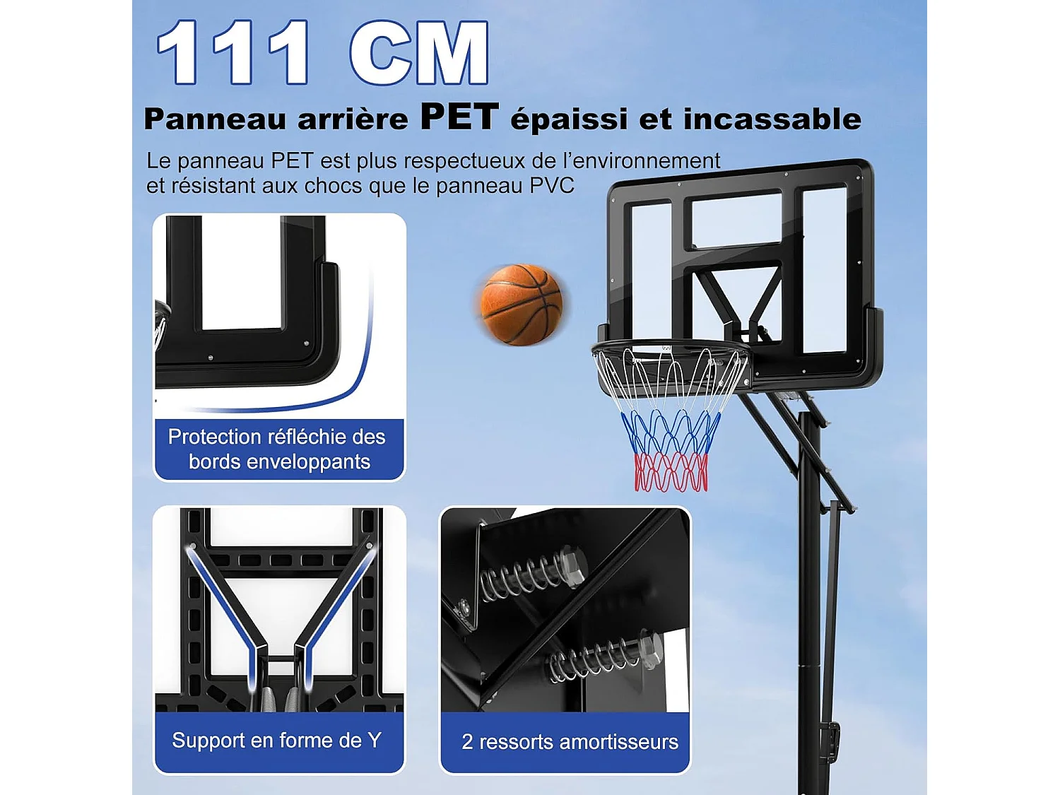 Panier de Basket-Ball sur Pieds Hauteur Réglable 143-305cm, Support de Basket Portable à roulettes avec Sac Sécurisé, Panneau Arrière de 111 cm