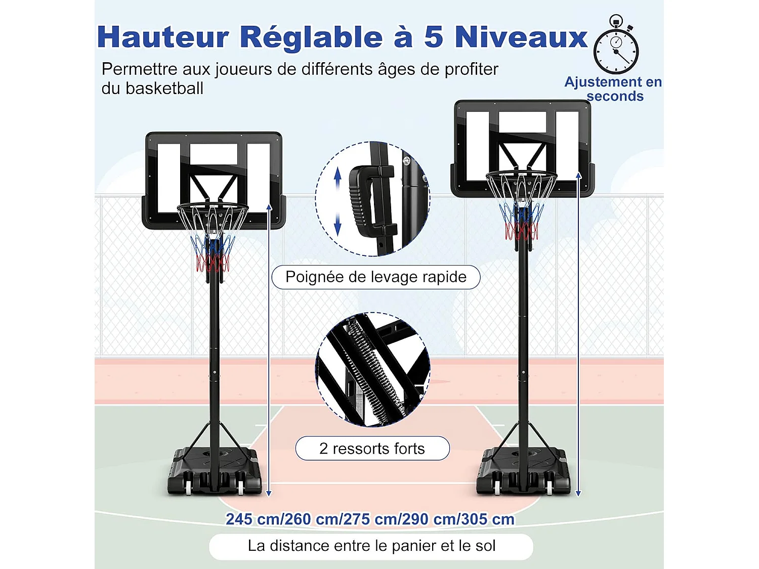 Panier de Basket-Ball sur Pieds Hauteur Réglable 143-305cm, Support de Basket Portable à roulettes avec Sac Sécurisé, Panneau Arrière de 111 cm