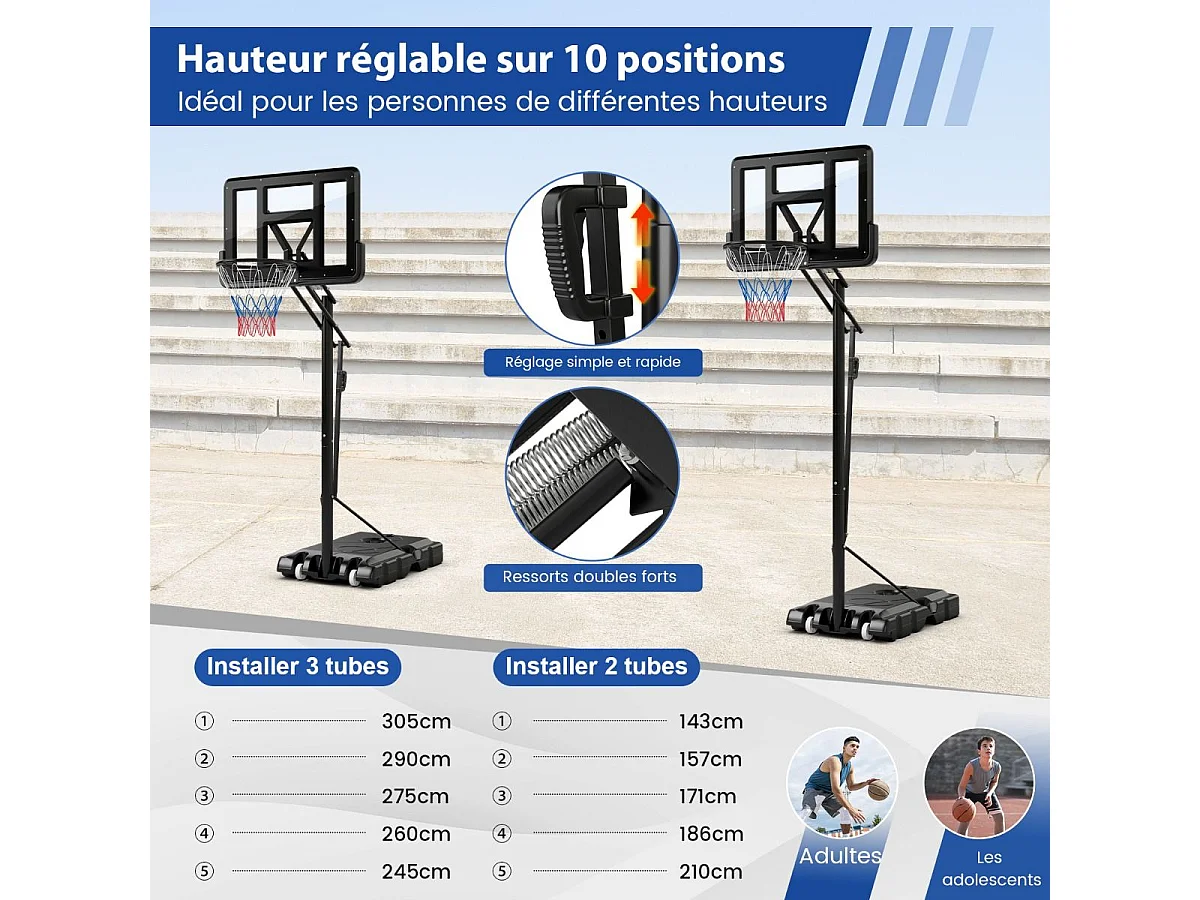 Panier de Basket-Ball sur Pieds Hauteur Réglable 143-305cm, Support de Basket Portable à roulettes avec Sac Sécurisé, Panneau Arrière de 111 cm