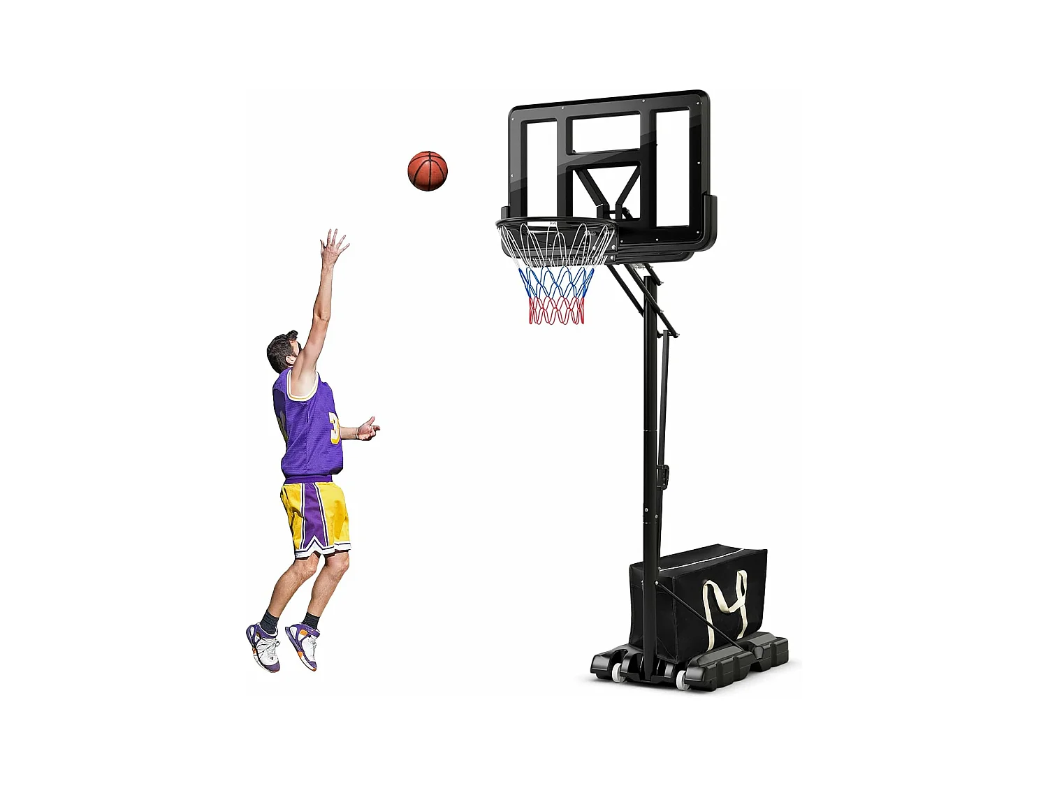 Panier de Basket-Ball sur Pieds Hauteur Réglable 143-305cm, Support de Basket Portable à roulettes avec Sac Sécurisé, Panneau Arrière de 111 cm